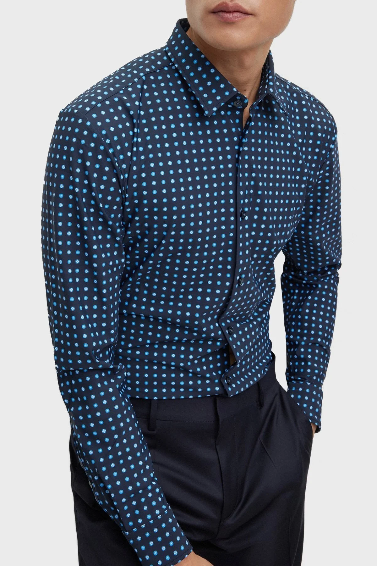 Boss Baskılı Streç Jarseden Dar Kesim Erkek Gömlek 50483716 445 BEYAZ-LACİVERT - 4