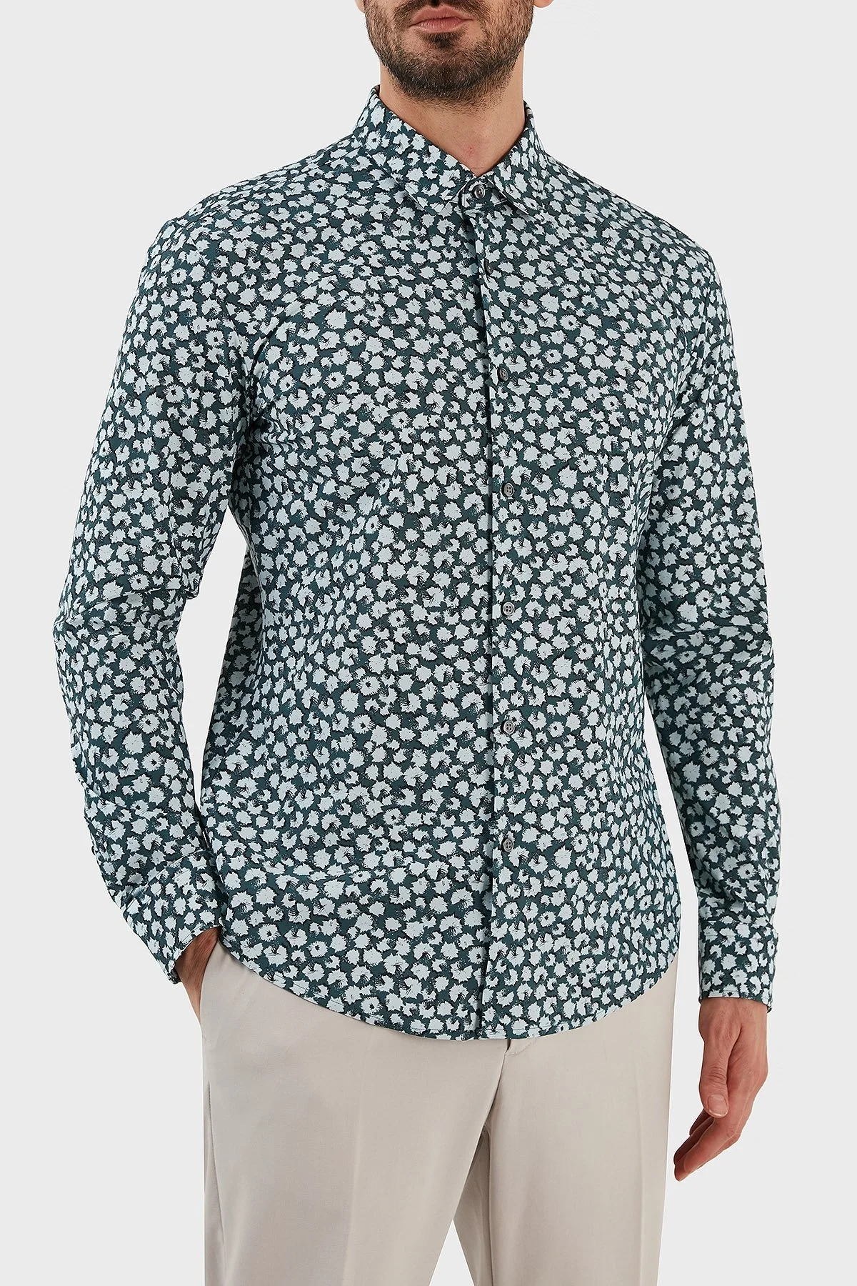 Boss Baskılı Streç Jarseden Dar Kesim Erkek Gömlek 50483716 457 MAVİ - 2