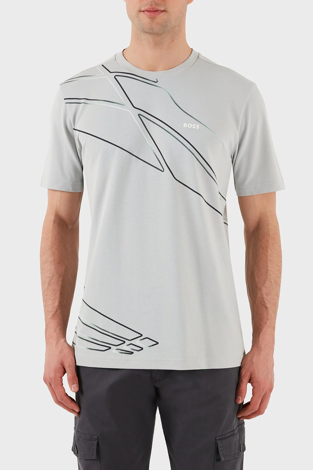 Boss Baskılı Streç Regular Fit Bisiklet Yaka Erkek T Shirt 50513011 052 GRİ - 1