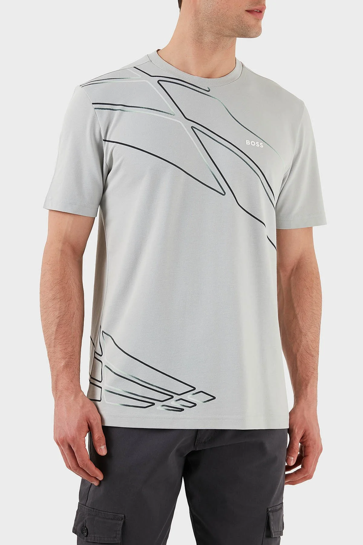 Boss Baskılı Streç Regular Fit Bisiklet Yaka Erkek T Shirt 50513011 052 GRİ - 4