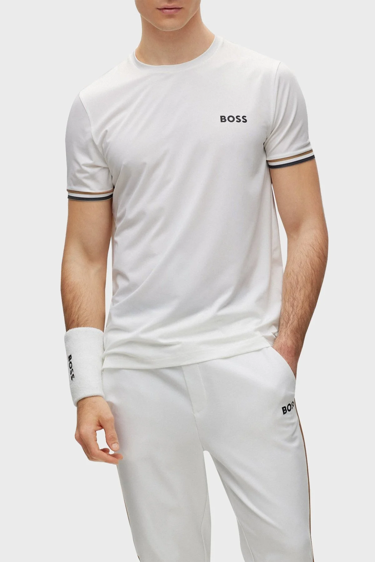 Boss Bisiklet Yaka İmza Çizgili Slim Fit Erkek T Shirt 50482392 100 BEYAZ - 1
