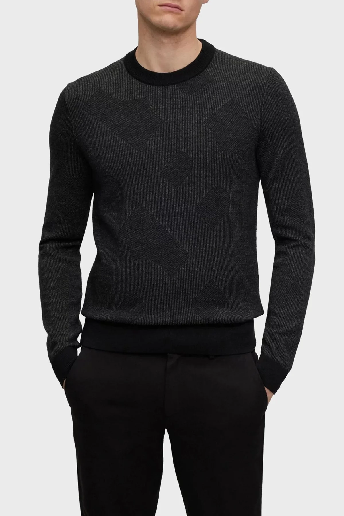Boss Bisiklet Yaka Jakarlı % 100 Yünlü Regular Fit Erkek Kazak 50500675 001 SİYAH - 1