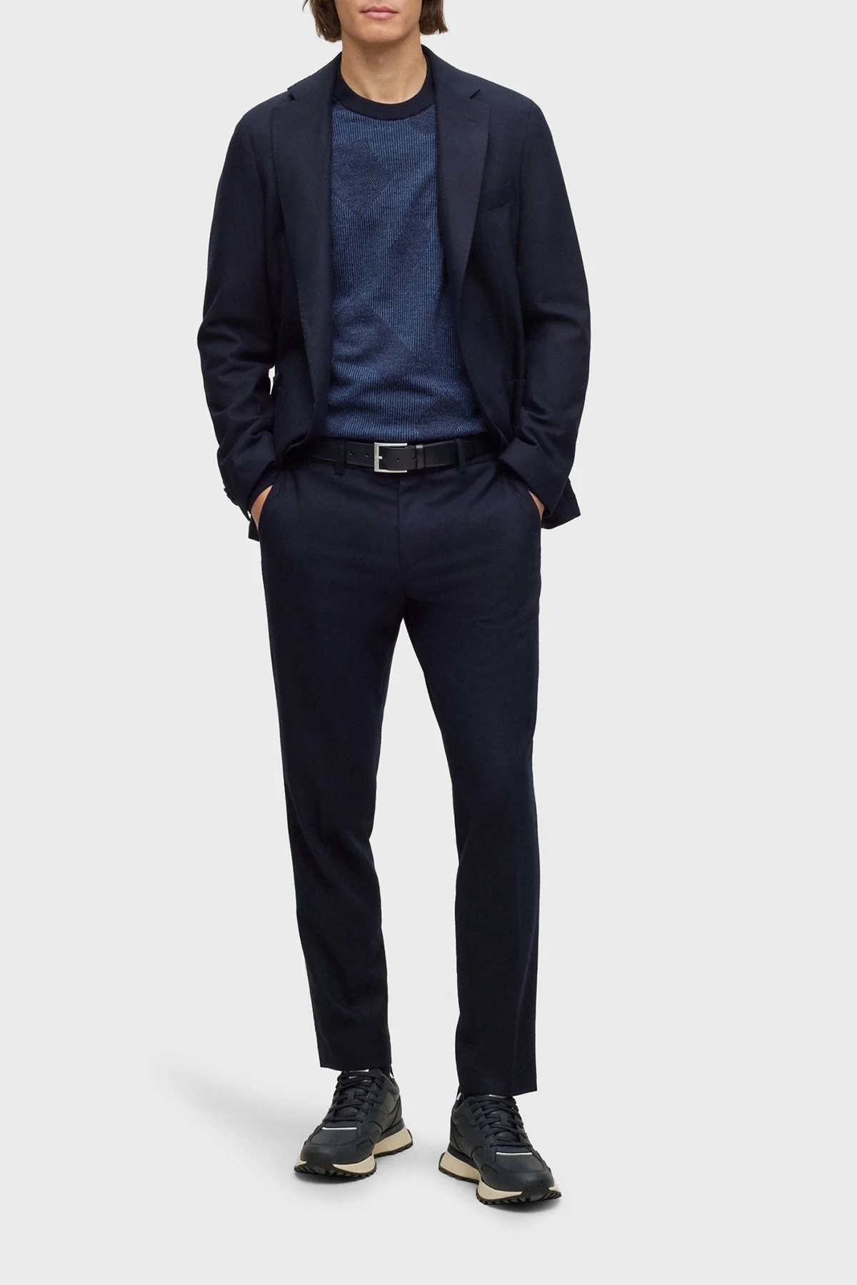 Boss Bisiklet Yaka Jakarlı % 100 Yünlü Regular Fit Erkek Kazak 50500675 404 LACİVERT - 3
