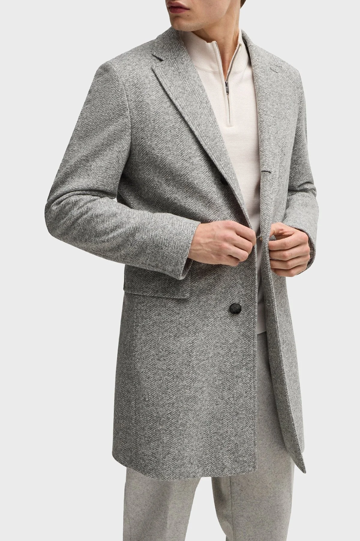 Boss Çıkarılabilir Fermuarlı İç Yelekli Yün Karışımlı Desenli Slim Fit Erkek Kaban 50528131 030 ANTRASİT - 1