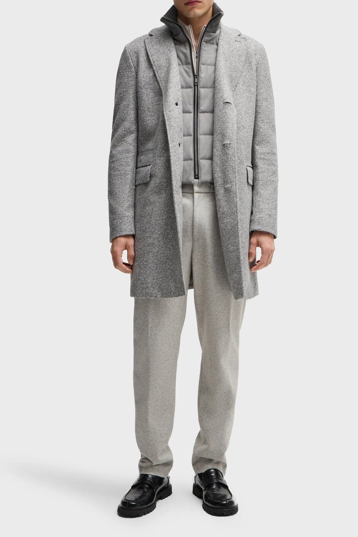Boss Çıkarılabilir Fermuarlı İç Yelekli Yün Karışımlı Desenli Slim Fit Erkek Kaban 50528131 030 ANTRASİT - 3