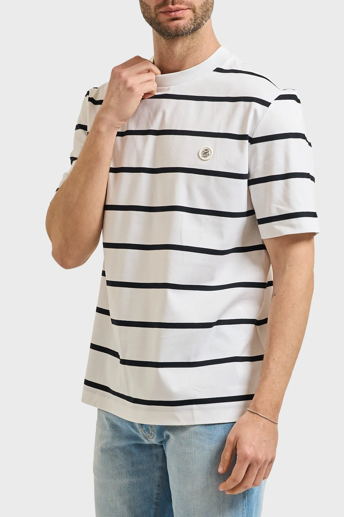 Boss Çizgil Pamuklu Regular Fit Bisiklet Yaka Erkek T Shirt 50555844 102 EKRU - 3