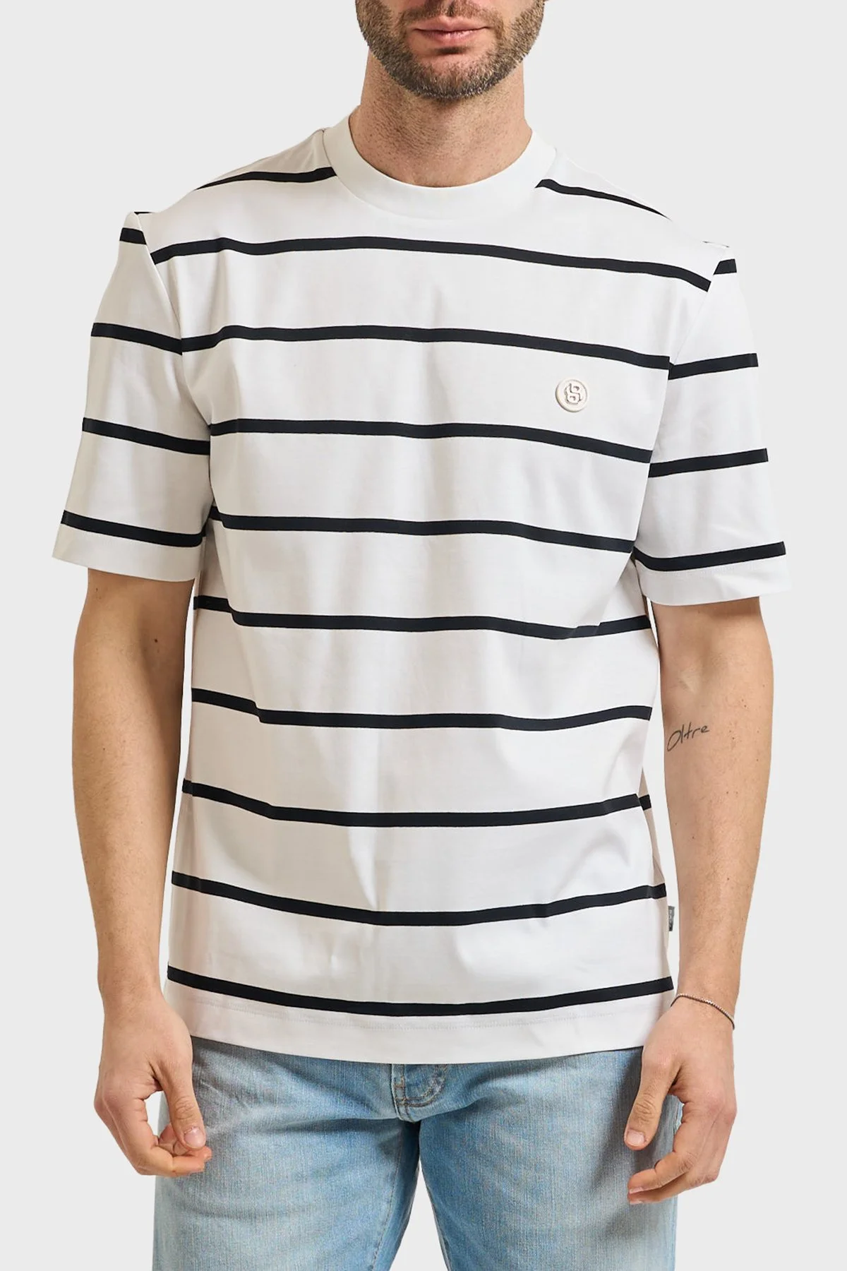 Boss Çizgil Pamuklu Regular Fit Bisiklet Yaka Erkek T Shirt 50555844 102 EKRU - 1