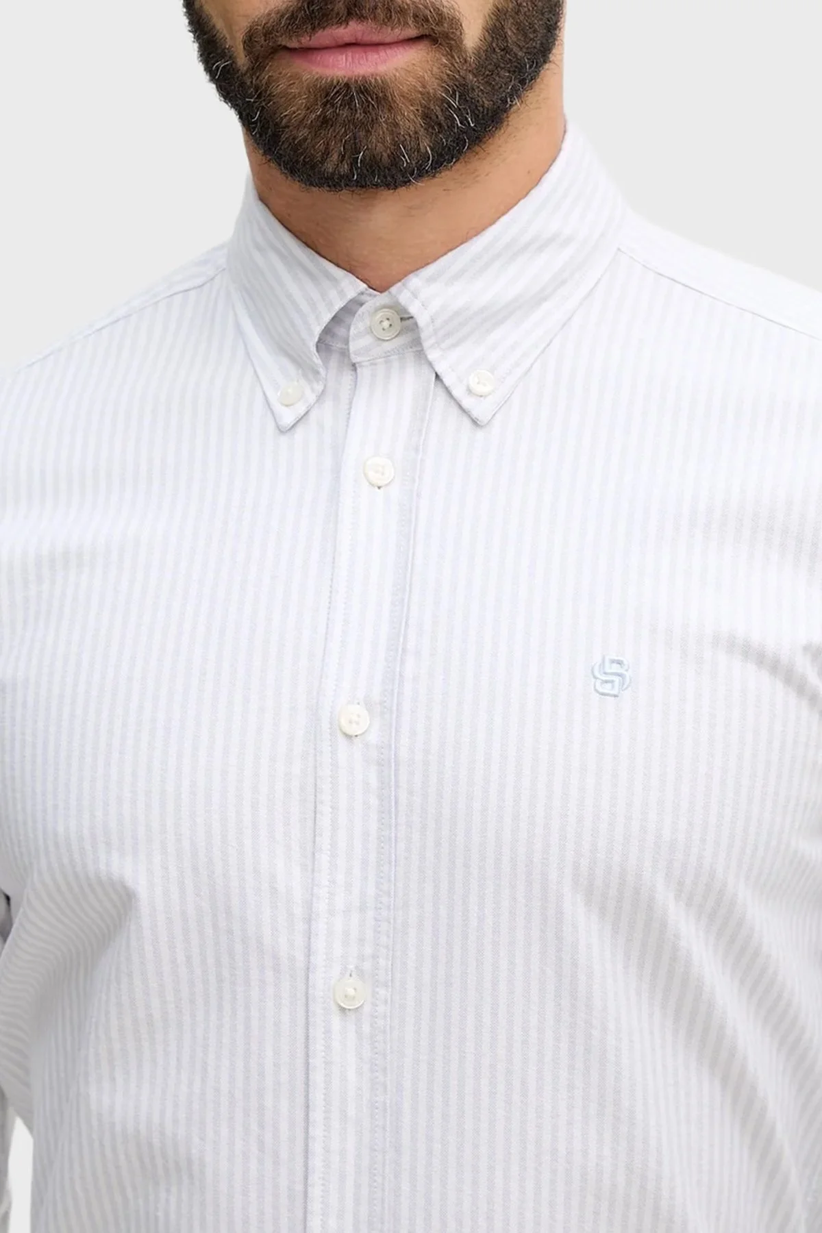 Boss Çizgili % 100 Pamuk Düğmeli Yaka Uzun Kollu Erkek Gömlek 50556069 531 MAVİ-BEYAZ - 4