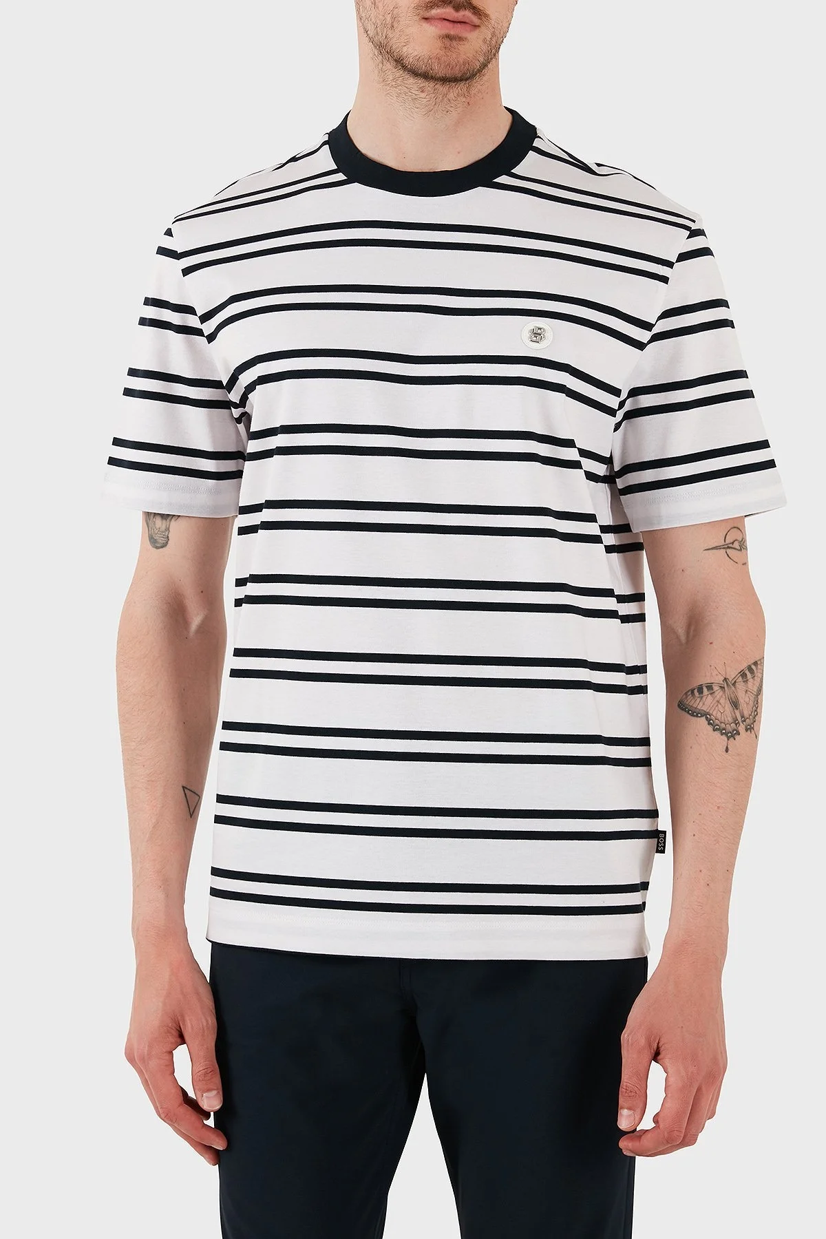 Boss Çizgili % 100 Pamuk Regular Fit Bisiklet Yaka Erkek T Shirt 50520298 405 LACİVERT - 1