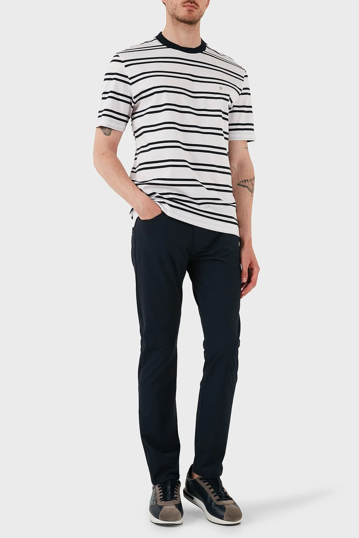 Boss Çizgili % 100 Pamuk Regular Fit Bisiklet Yaka Erkek T Shirt 50520298 405 LACİVERT - 2