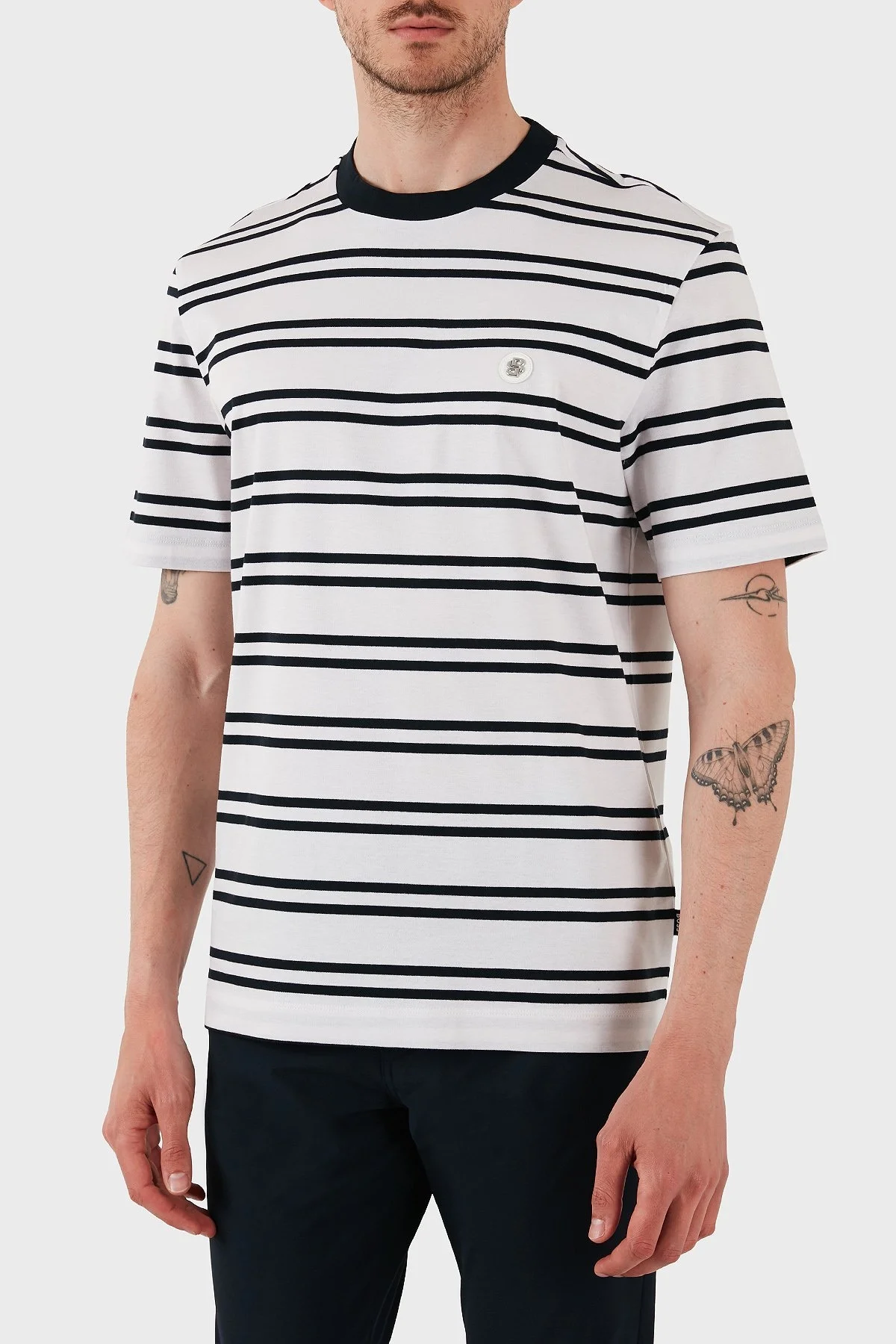 Boss Çizgili % 100 Pamuk Regular Fit Bisiklet Yaka Erkek T Shirt 50520298 405 LACİVERT - 4