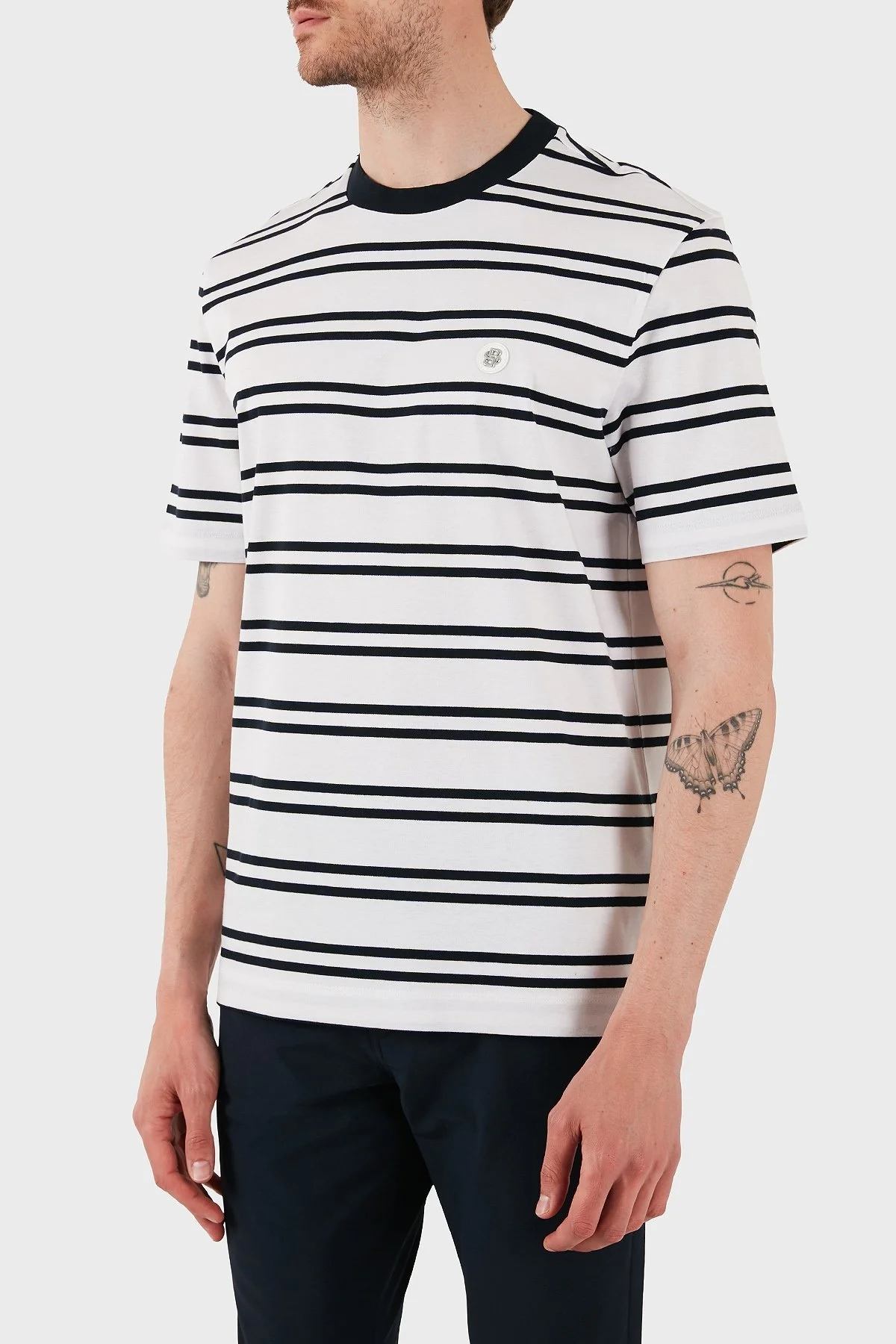 Boss Çizgili % 100 Pamuk Regular Fit Bisiklet Yaka Erkek T Shirt 50520298 405 LACİVERT - 5