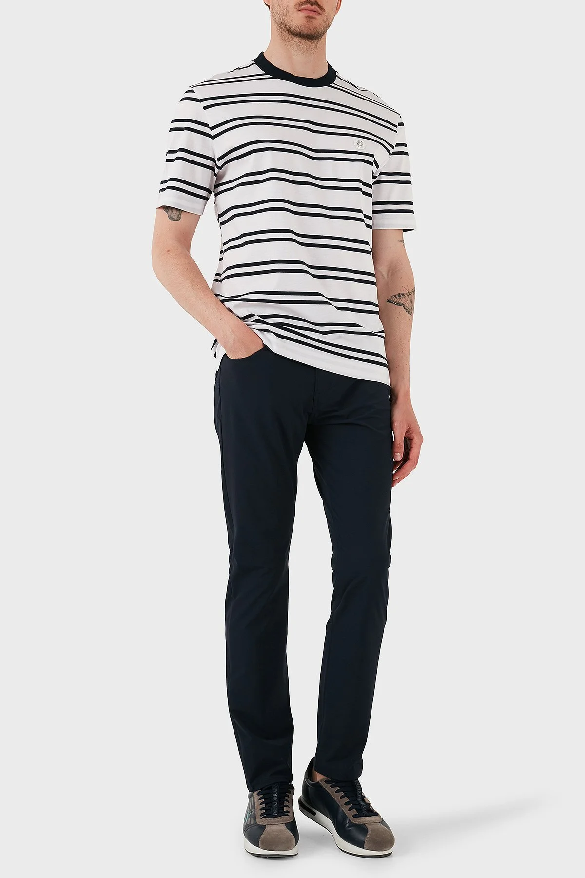 Boss Çizgili % 100 Pamuk Regular Fit Bisiklet Yaka Erkek T Shirt 50520298 405 LACİVERT - 2
