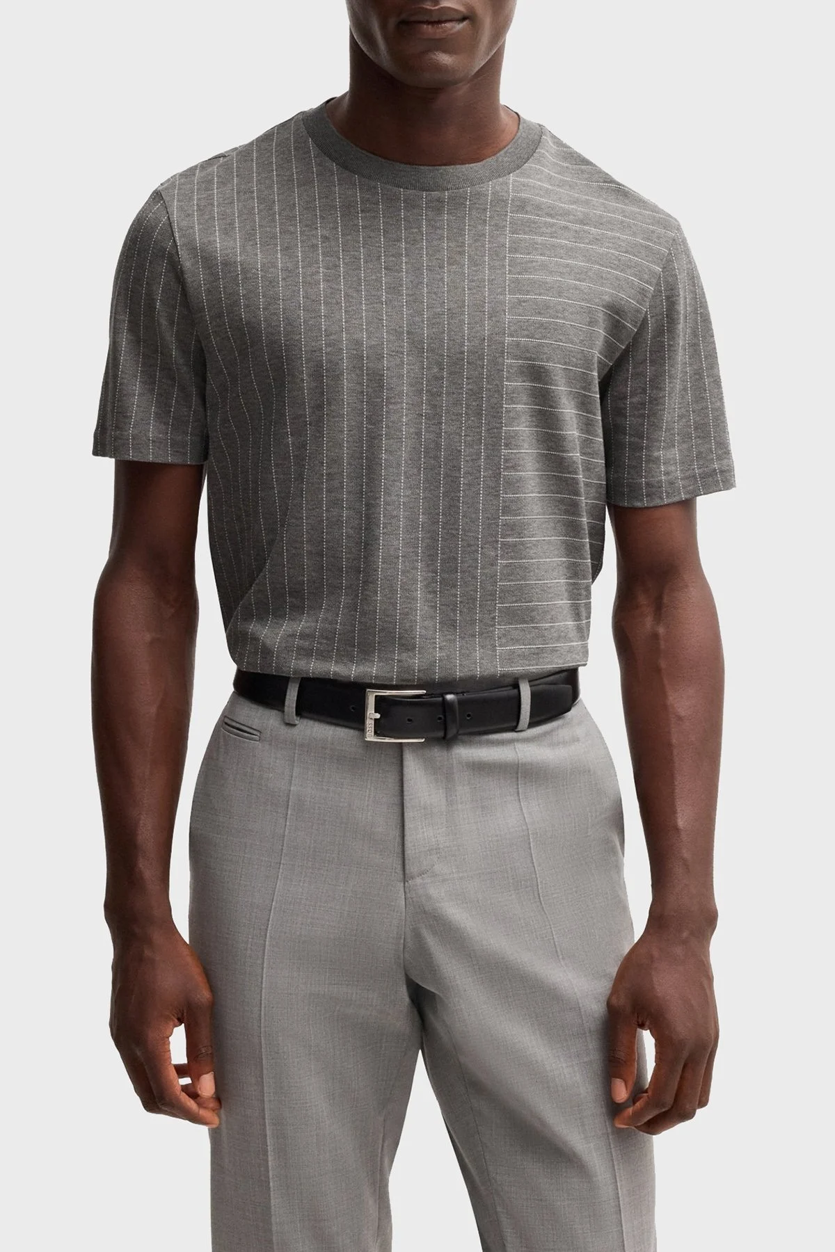Boss Çizgili % 100 Pamuk Regular Fit Bisiklet Yaka Erkek T Shirt 50531315 030 GRİ - 1