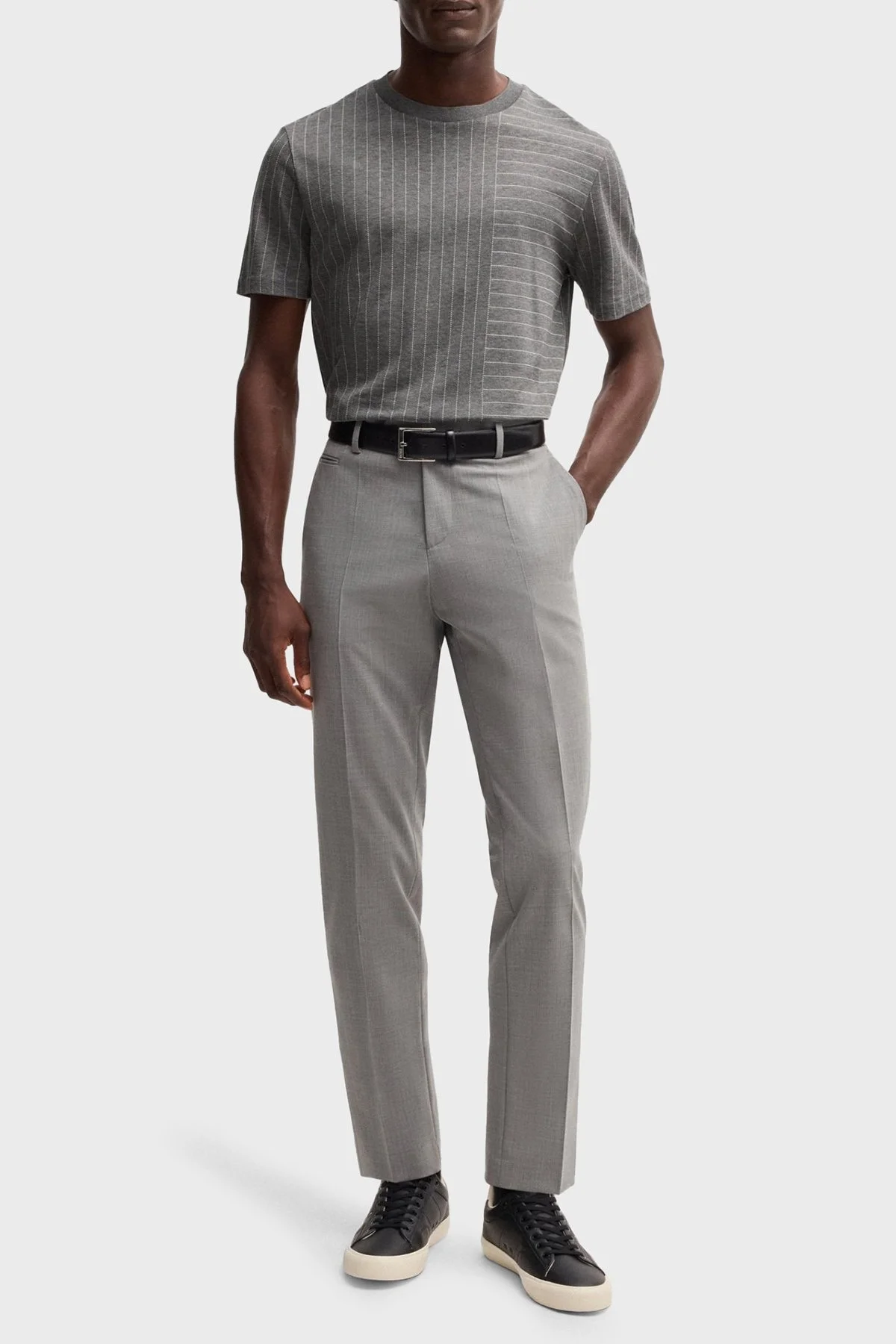 Boss Çizgili % 100 Pamuk Regular Fit Bisiklet Yaka Erkek T Shirt 50531315 030 GRİ - 2