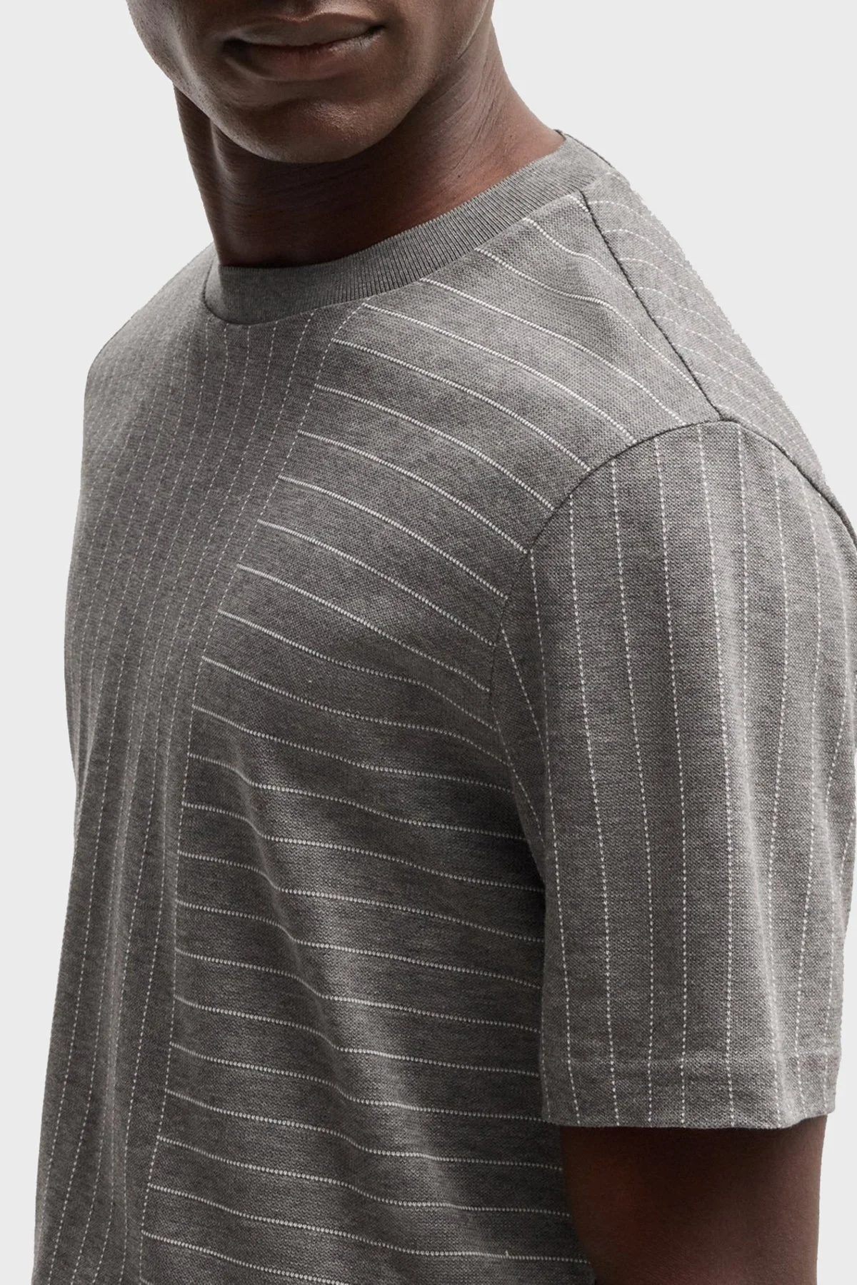 Boss Çizgili % 100 Pamuk Regular Fit Bisiklet Yaka Erkek T Shirt 50531315 030 GRİ - 4