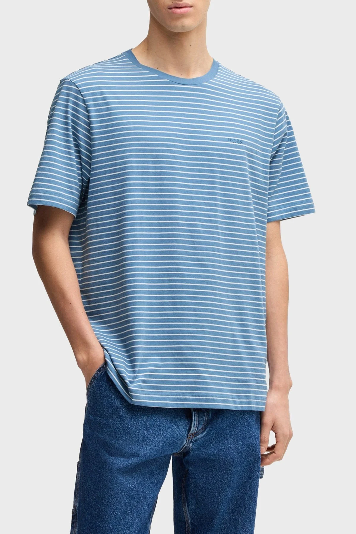 Boss Çizgili % 100 Pamuk Relaxed Fit Bisiklet Yaka Erkek T Shirt 50499334 462 MAVİ - 1