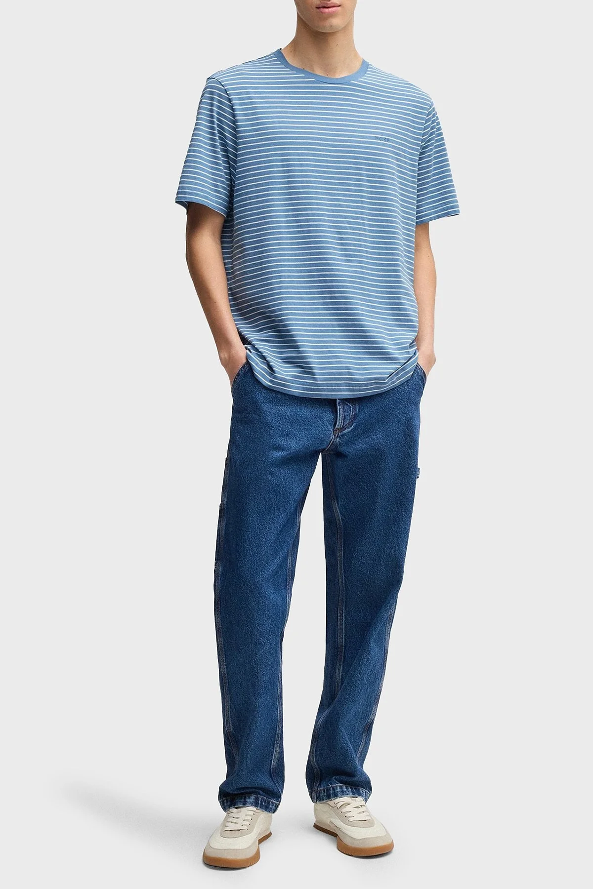 Boss Çizgili % 100 Pamuk Relaxed Fit Bisiklet Yaka Erkek T Shirt 50499334 462 MAVİ - 2