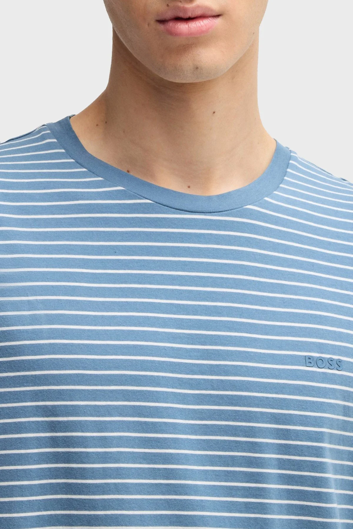 Boss Çizgili % 100 Pamuk Relaxed Fit Bisiklet Yaka Erkek T Shirt 50499334 462 MAVİ - 4