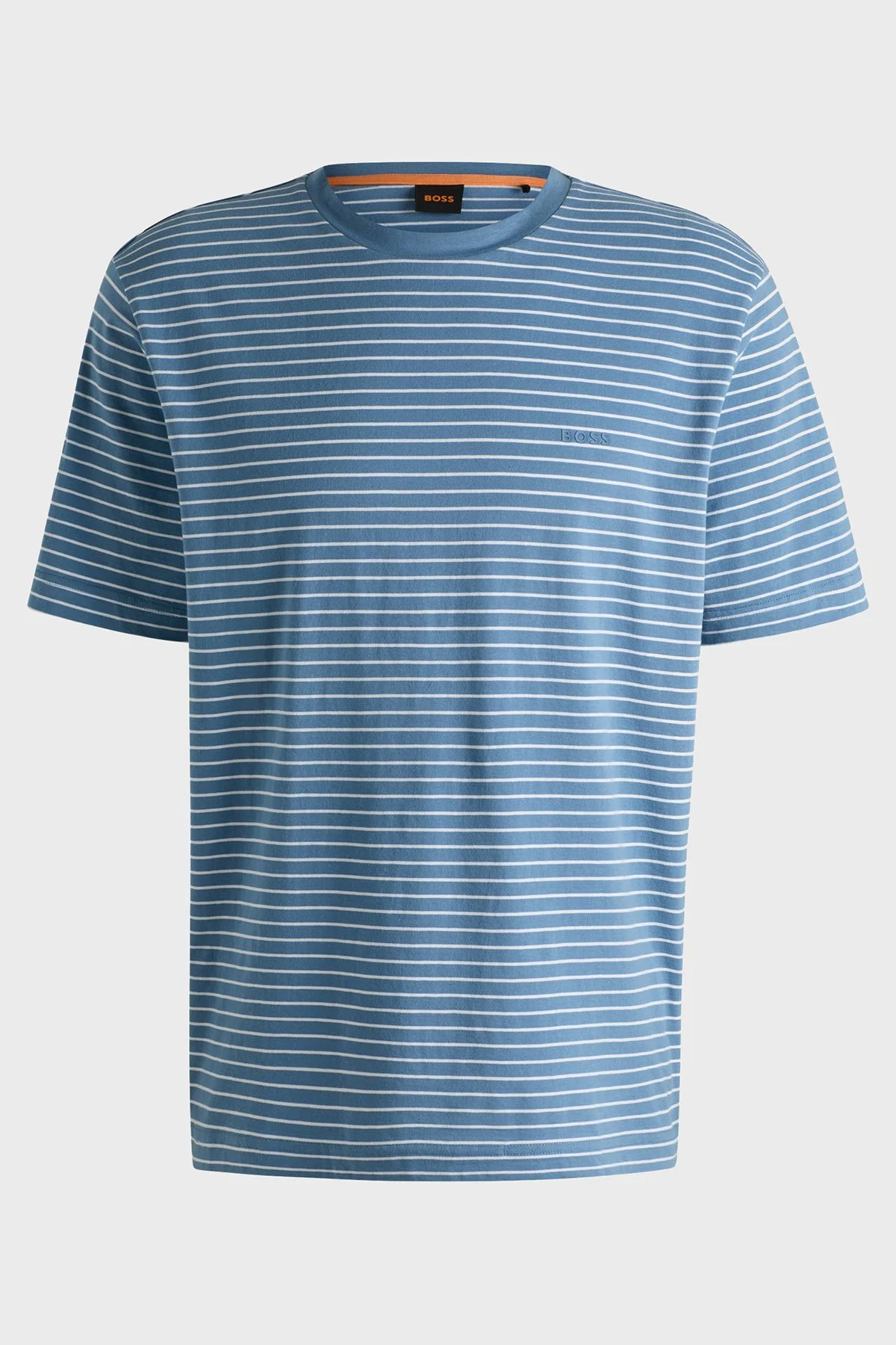 Boss Çizgili % 100 Pamuk Relaxed Fit Bisiklet Yaka Erkek T Shirt 50499334 462 MAVİ - 5
