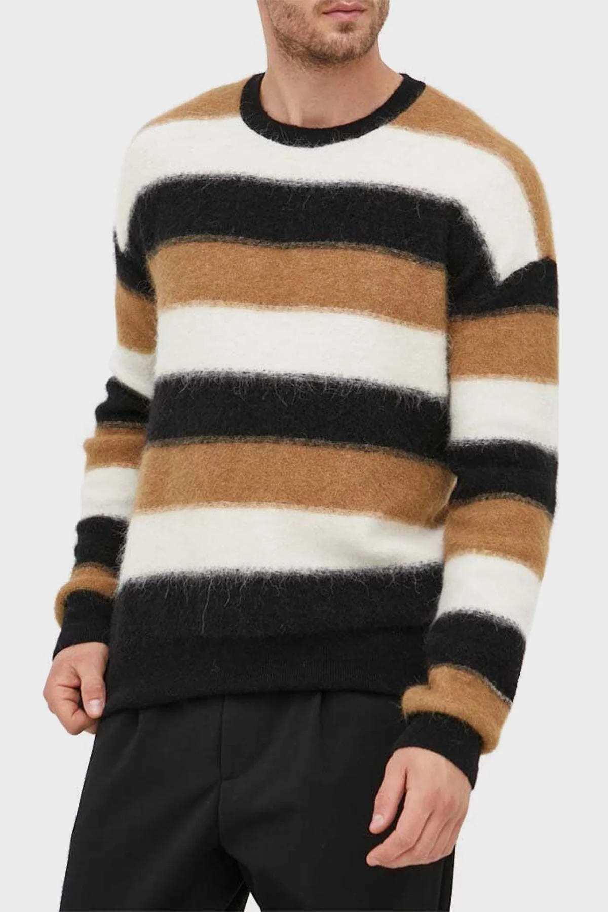 Boss Çizgili Bisiklet Yaka Yün Karışımlı Regular Fit Erkek Kazak 50500683 001 Siyah-Beyaz-Taba - 1