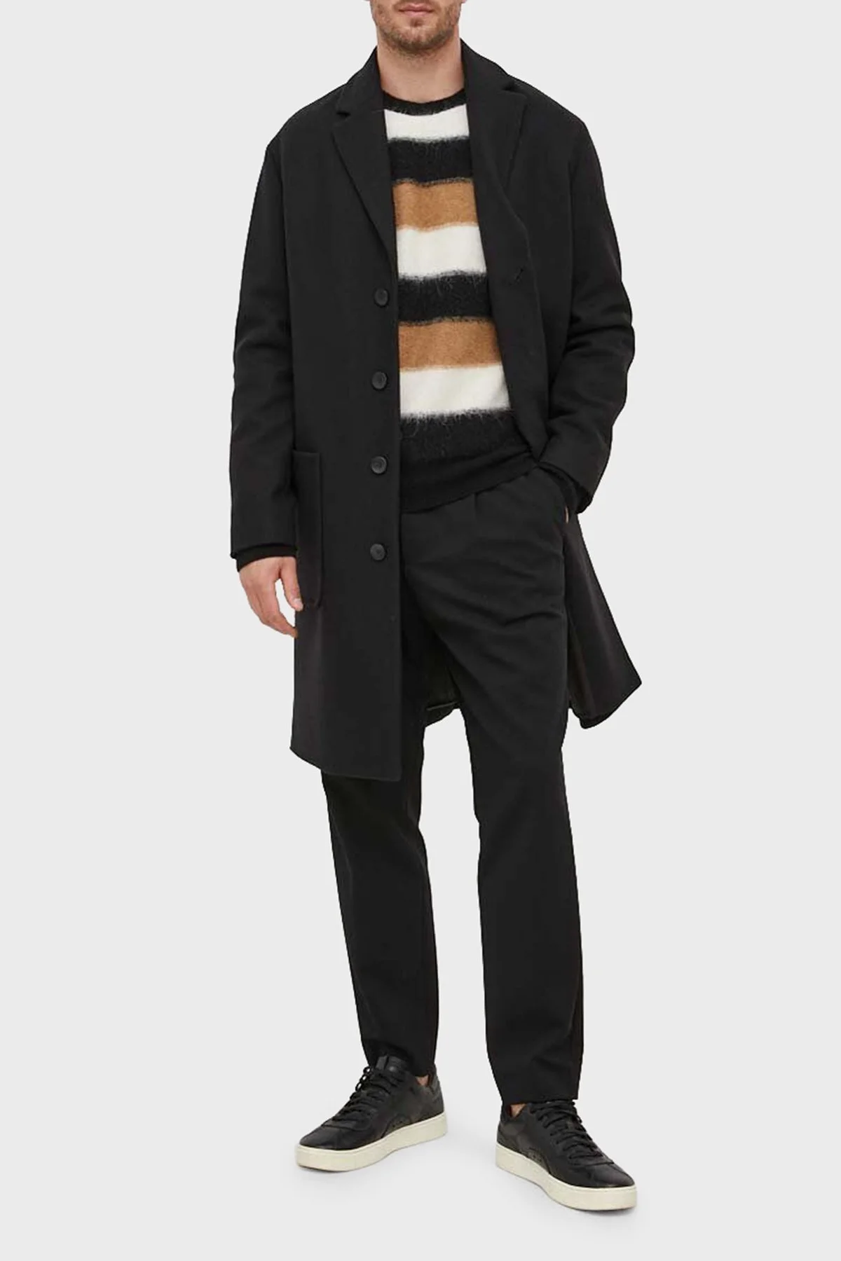 Boss Çizgili Bisiklet Yaka Yün Karışımlı Regular Fit Erkek Kazak 50500683 001 Siyah-Beyaz-Taba - 3