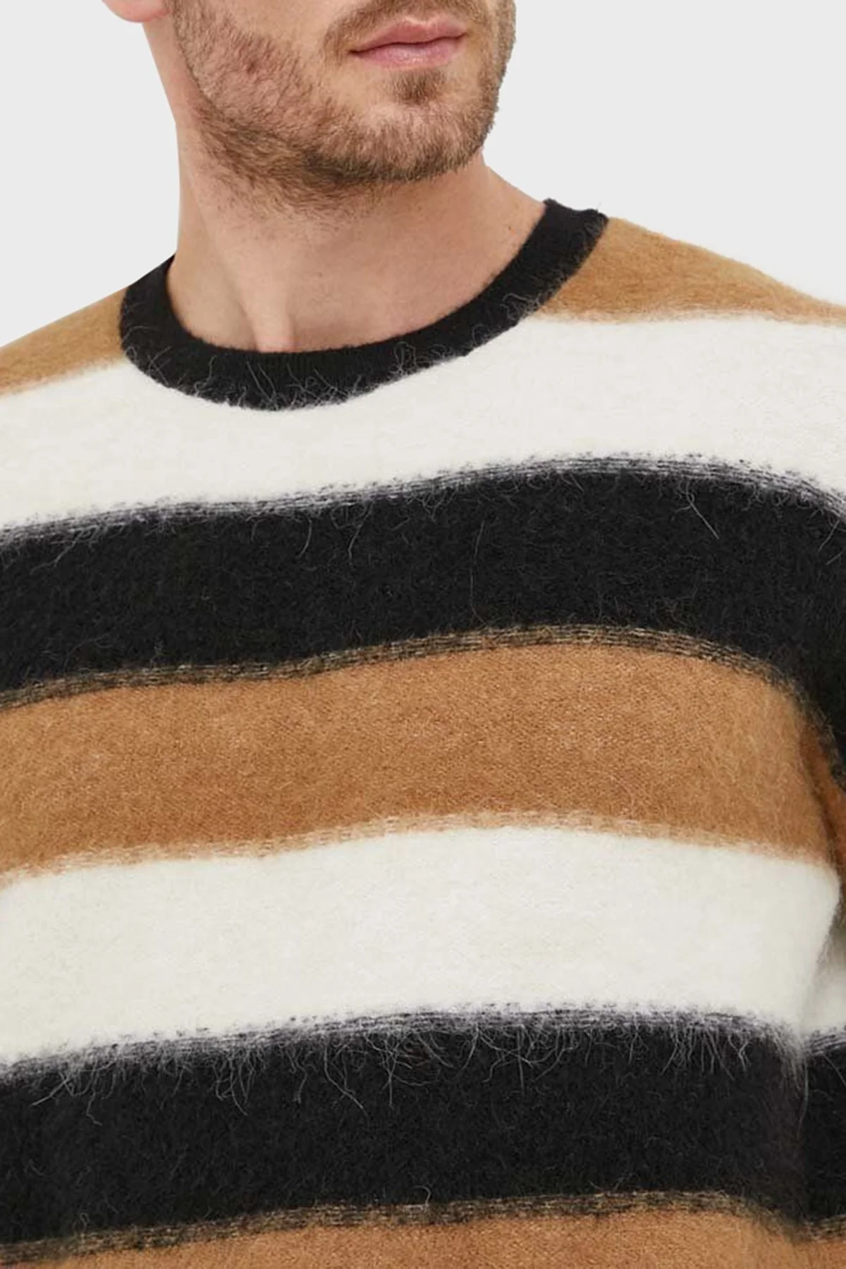 Boss Çizgili Bisiklet Yaka Yün Karışımlı Regular Fit Erkek Kazak 50500683 001 Siyah-Beyaz-Taba - 4