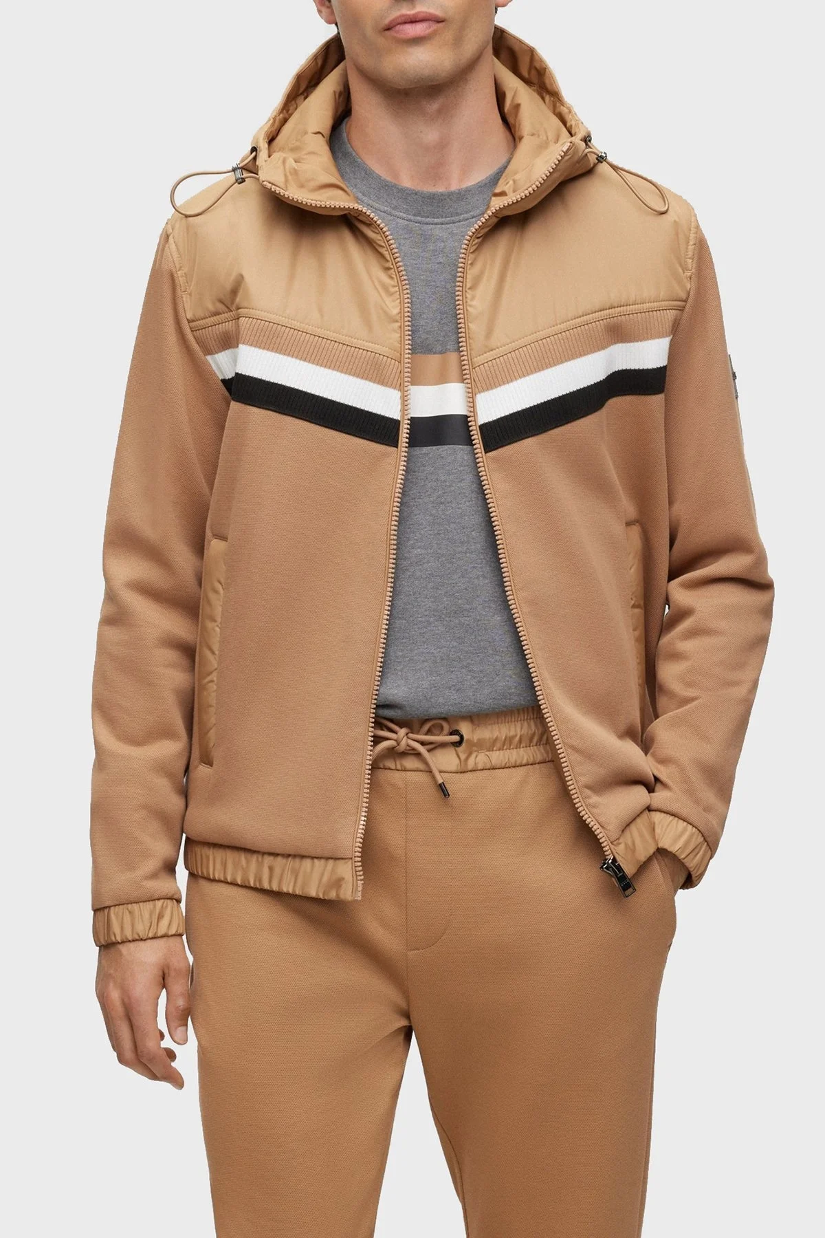 Boss Çizgili Fermuarlı Pamuk Karışımlı Regular Fit Kapüşonlu Erkek Sweat 50501673 260 TABA - 1