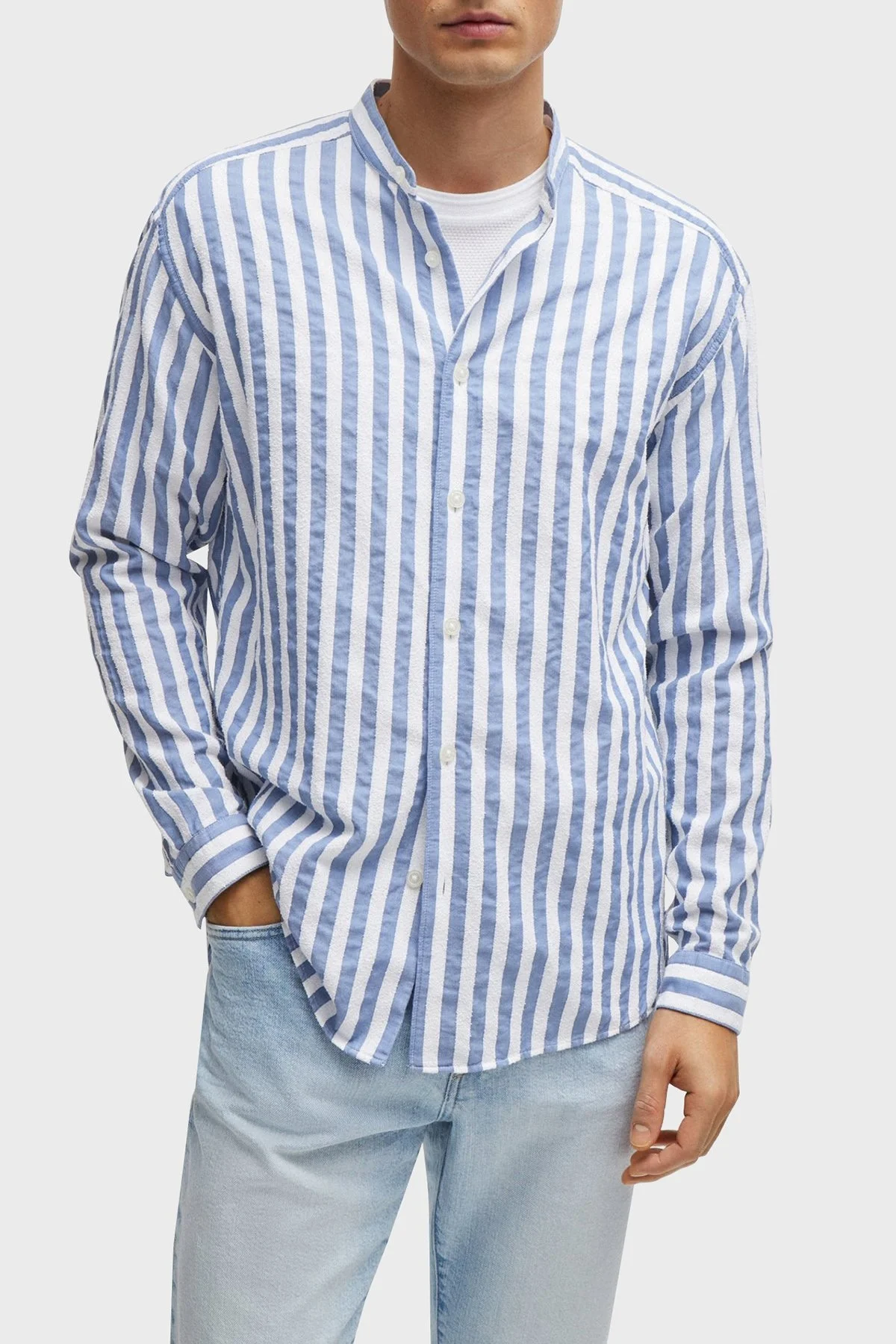 Boss Çizgili Pamuklu Relaxed Fit Hakim Yaka Erkek Gömlek 50513768 459 MAVİ - 1