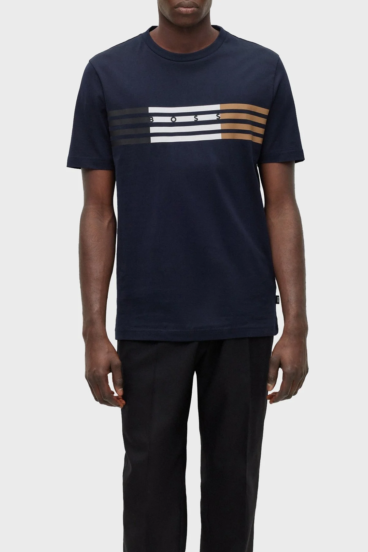 Boss Çizgili Regular Fit Bisiklet Yaka Pamuklu Jarse Erkek T Shirt 50485669 404 LACİVERT - 1