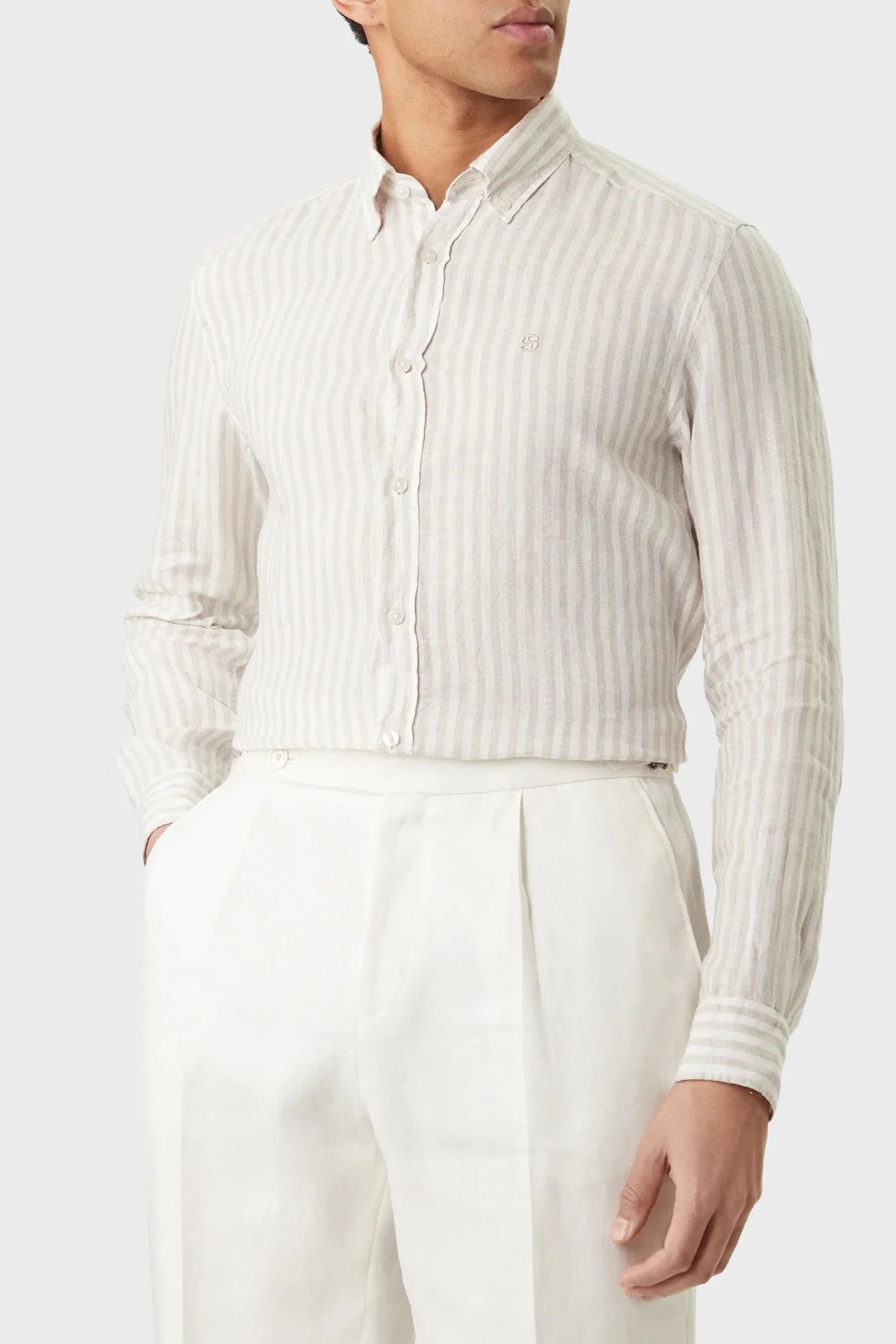 Boss Çizgili Regular Fit Klasik Yaka Uzun Kollu Keten Erkek Gömlek 50560595 286 BEJ - 1