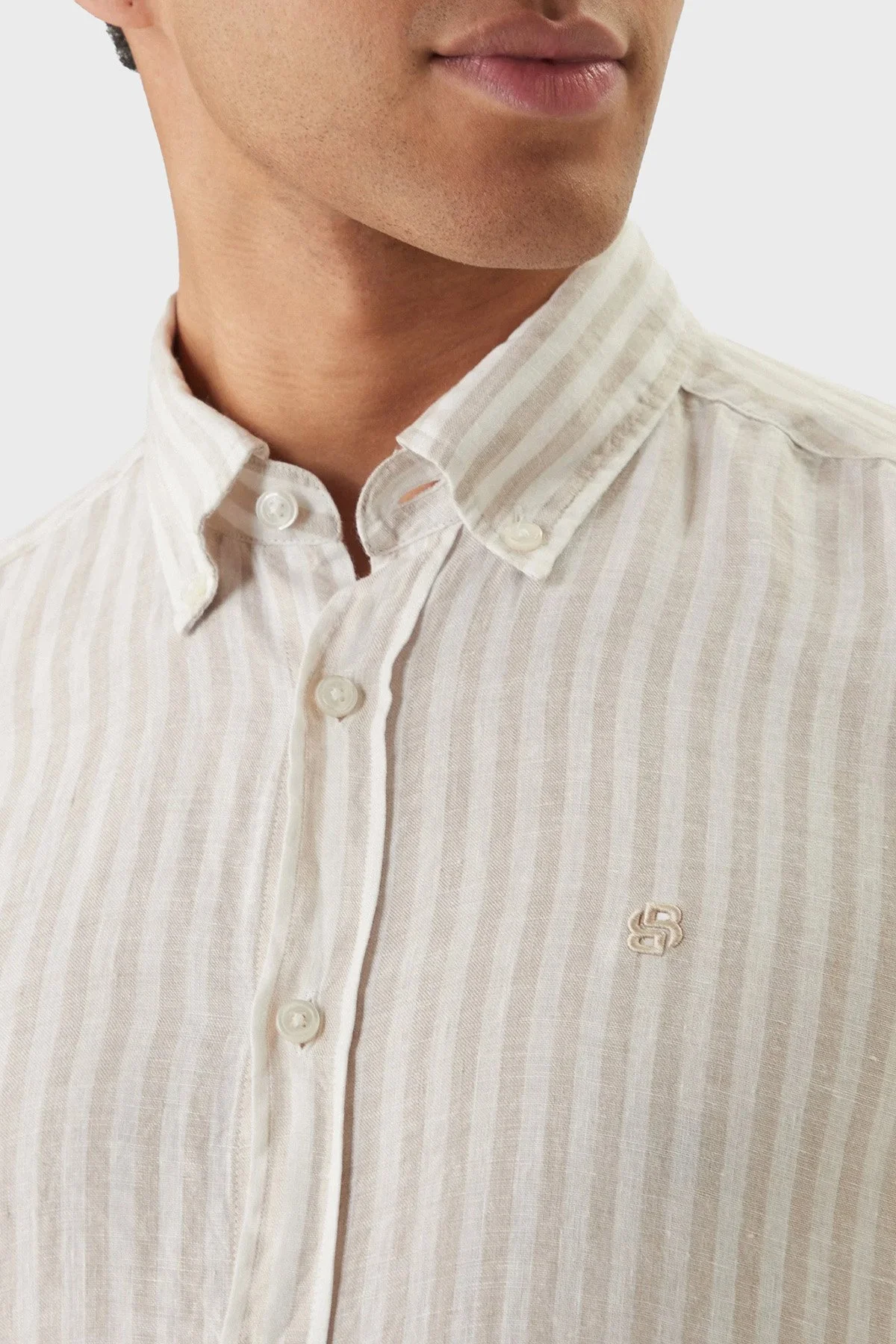 Boss Çizgili Regular Fit Klasik Yaka Uzun Kollu Keten Erkek Gömlek 50560595 286 BEJ - 4