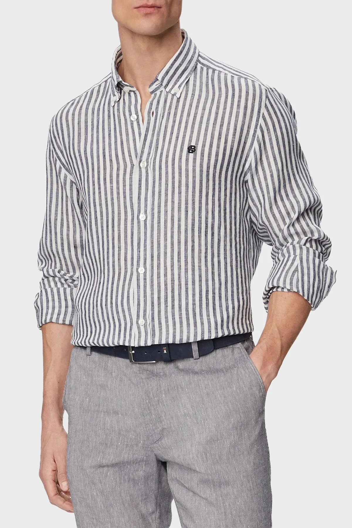 Boss Çizgili Regular Fit Klasik Yaka Uzun Kollu Keten Erkek Gömlek 50560595 404 LACİVERT - 1