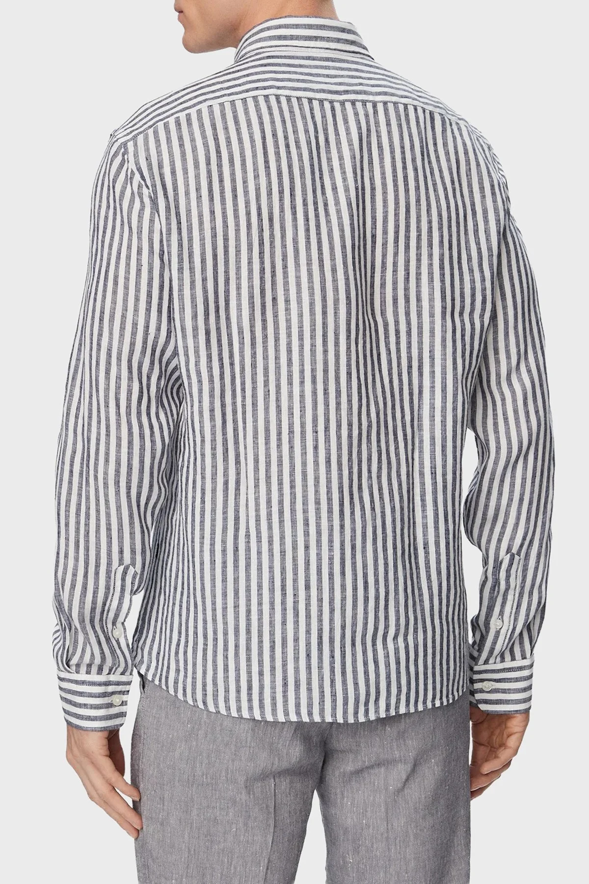 Boss Çizgili Regular Fit Klasik Yaka Uzun Kollu Keten Erkek Gömlek 50560595 404 LACİVERT - 3