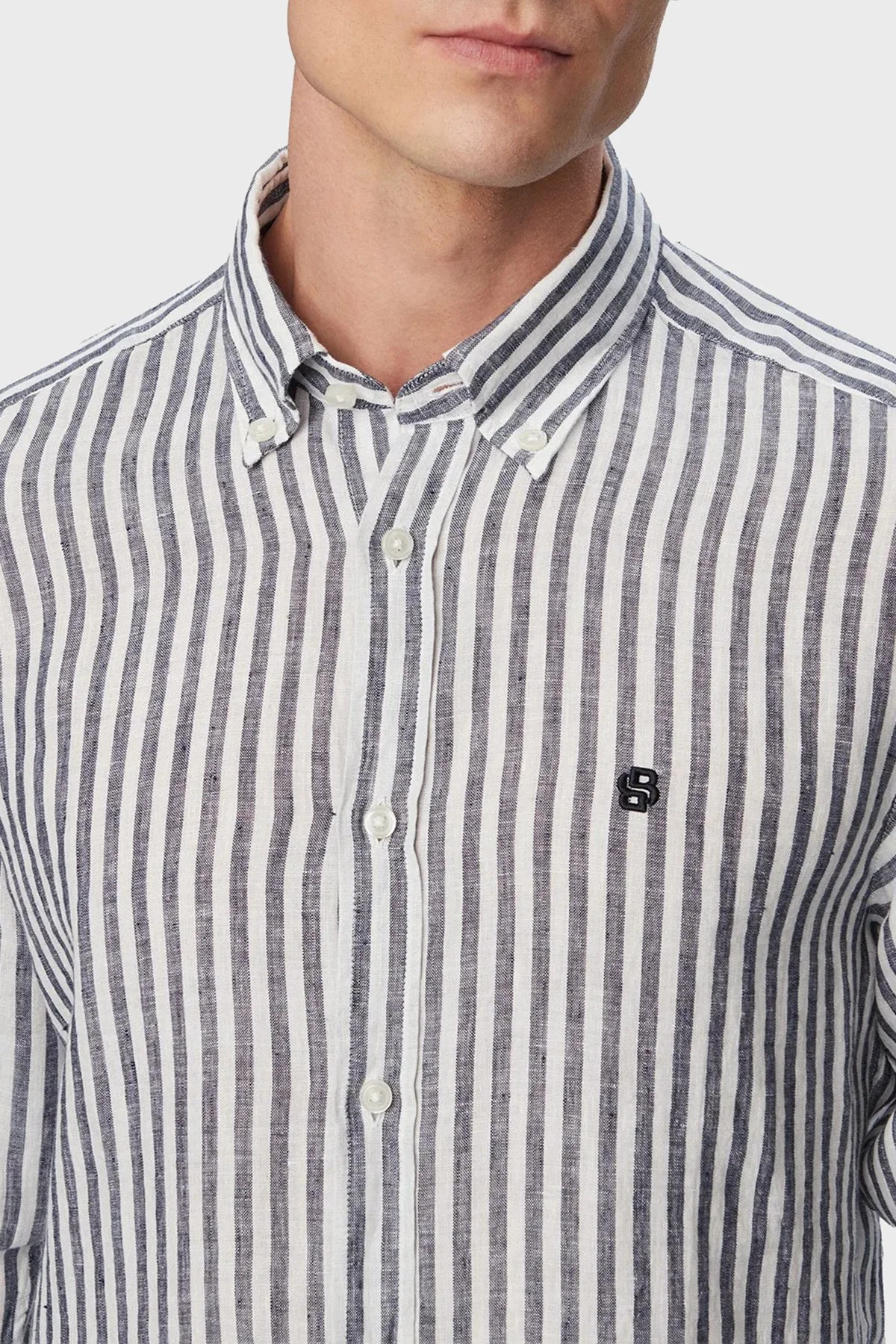 Boss Çizgili Regular Fit Klasik Yaka Uzun Kollu Keten Erkek Gömlek 50560595 404 LACİVERT - 4
