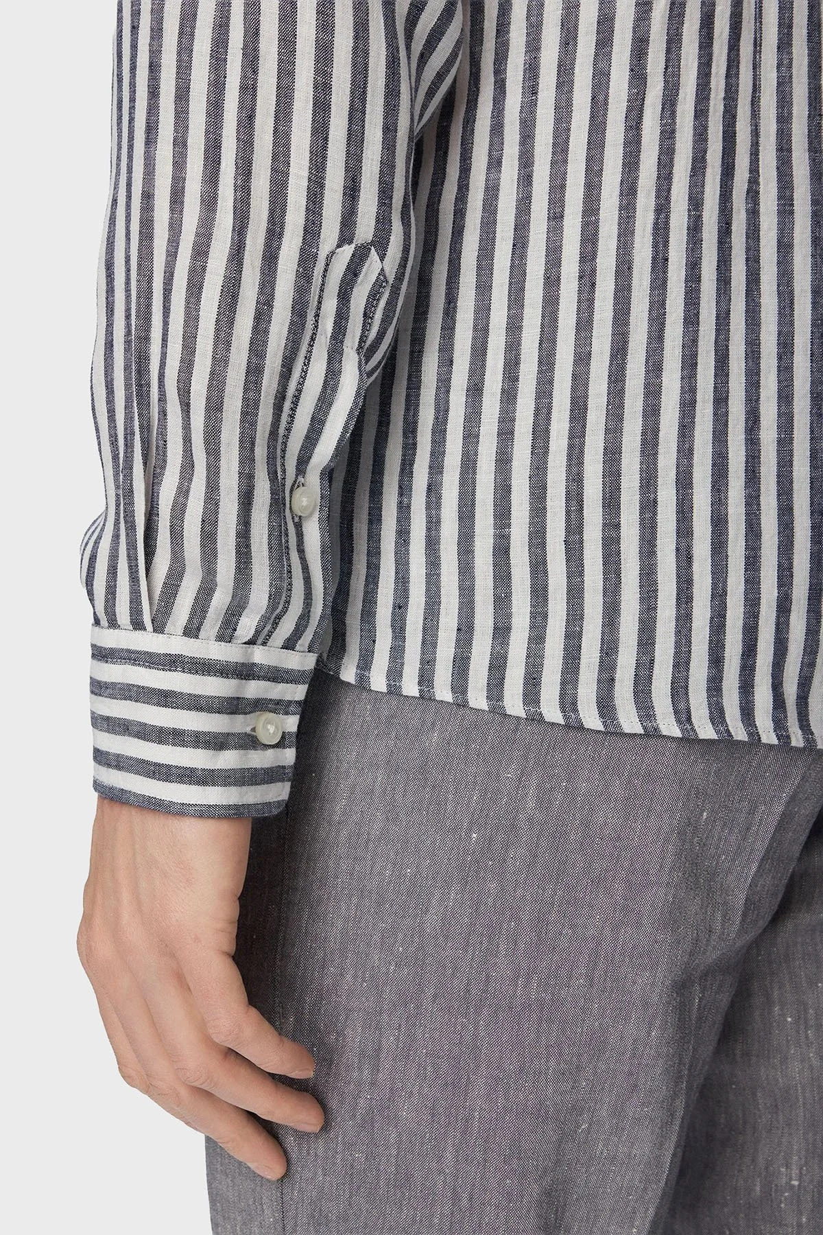 Boss Çizgili Regular Fit Klasik Yaka Uzun Kollu Keten Erkek Gömlek 50560595 404 LACİVERT - 5