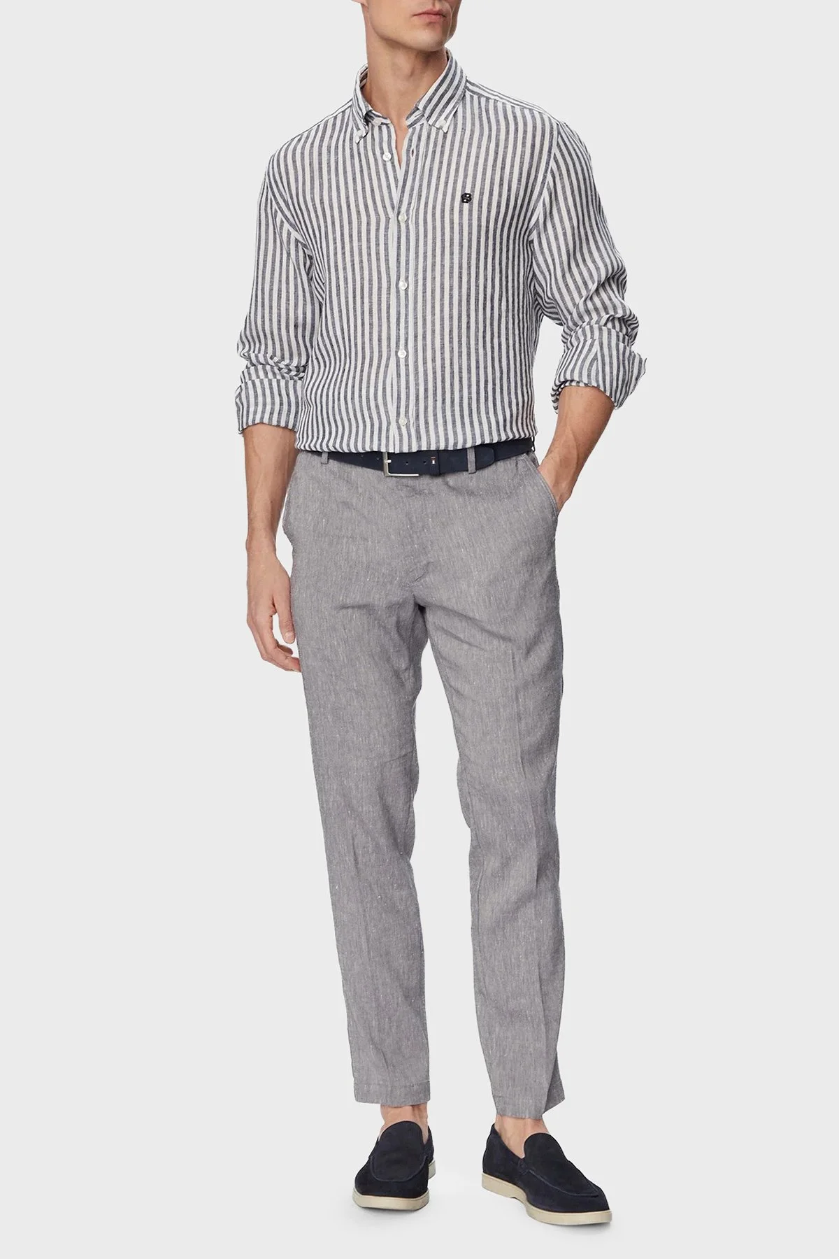 Boss Çizgili Regular Fit Klasik Yaka Uzun Kollu Keten Erkek Gömlek 50560595 404 LACİVERT - 2