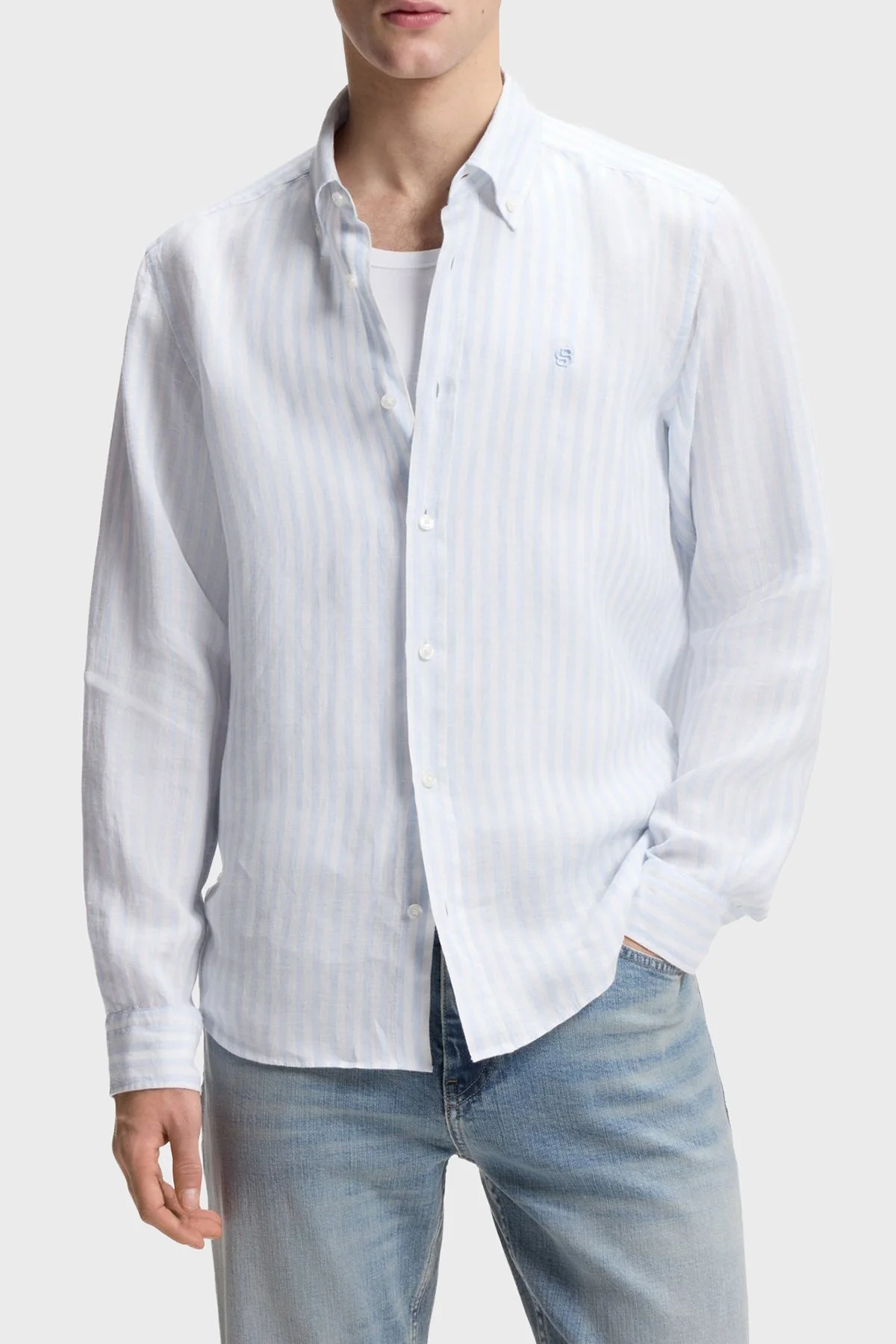 Boss Çizgili Regular Fit Klasik Yaka Uzun Kollu Keten Erkek Gömlek 50560595 450 MAVİ - 1