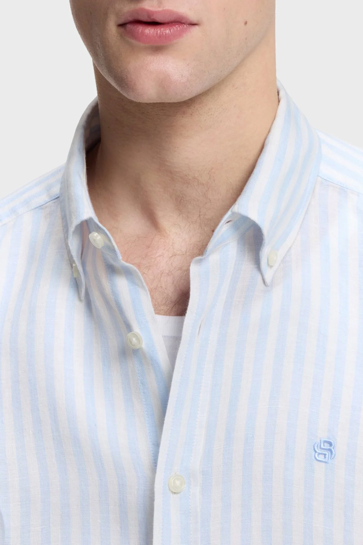 Boss Çizgili Regular Fit Klasik Yaka Uzun Kollu Keten Erkek Gömlek 50560595 450 MAVİ - 4