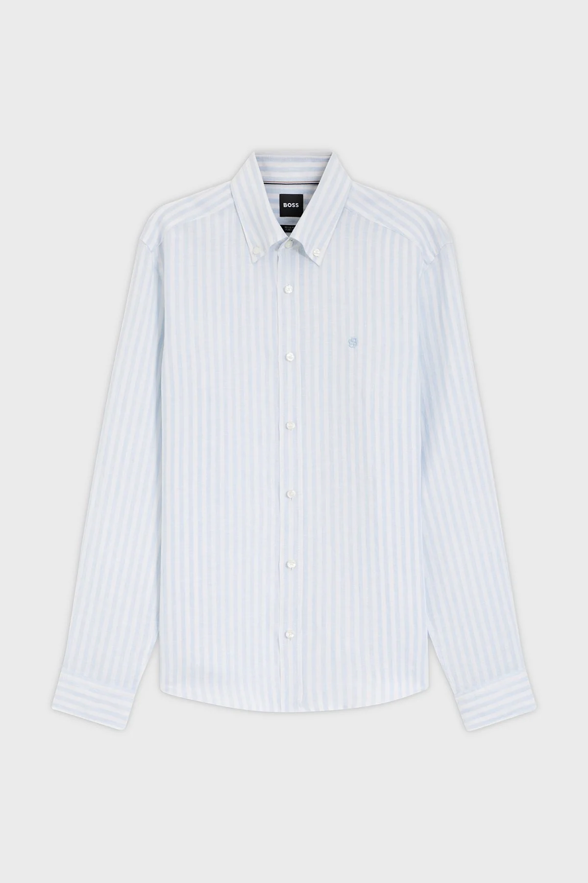 Boss Çizgili Regular Fit Klasik Yaka Uzun Kollu Keten Erkek Gömlek 50560595 450 MAVİ - 6