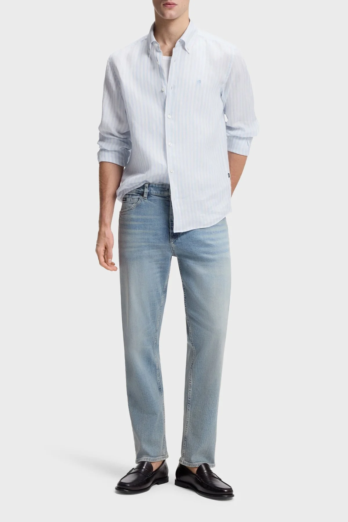 Boss Çizgili Regular Fit Klasik Yaka Uzun Kollu Keten Erkek Gömlek 50560595 450 MAVİ - 2