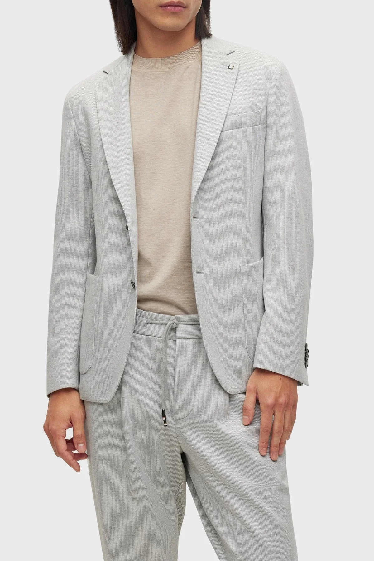 Boss Çizgili Streç Kumaştan Slim Fit Astarsız Blazer Erkek Ceket 50489396 041 GRİ - 1