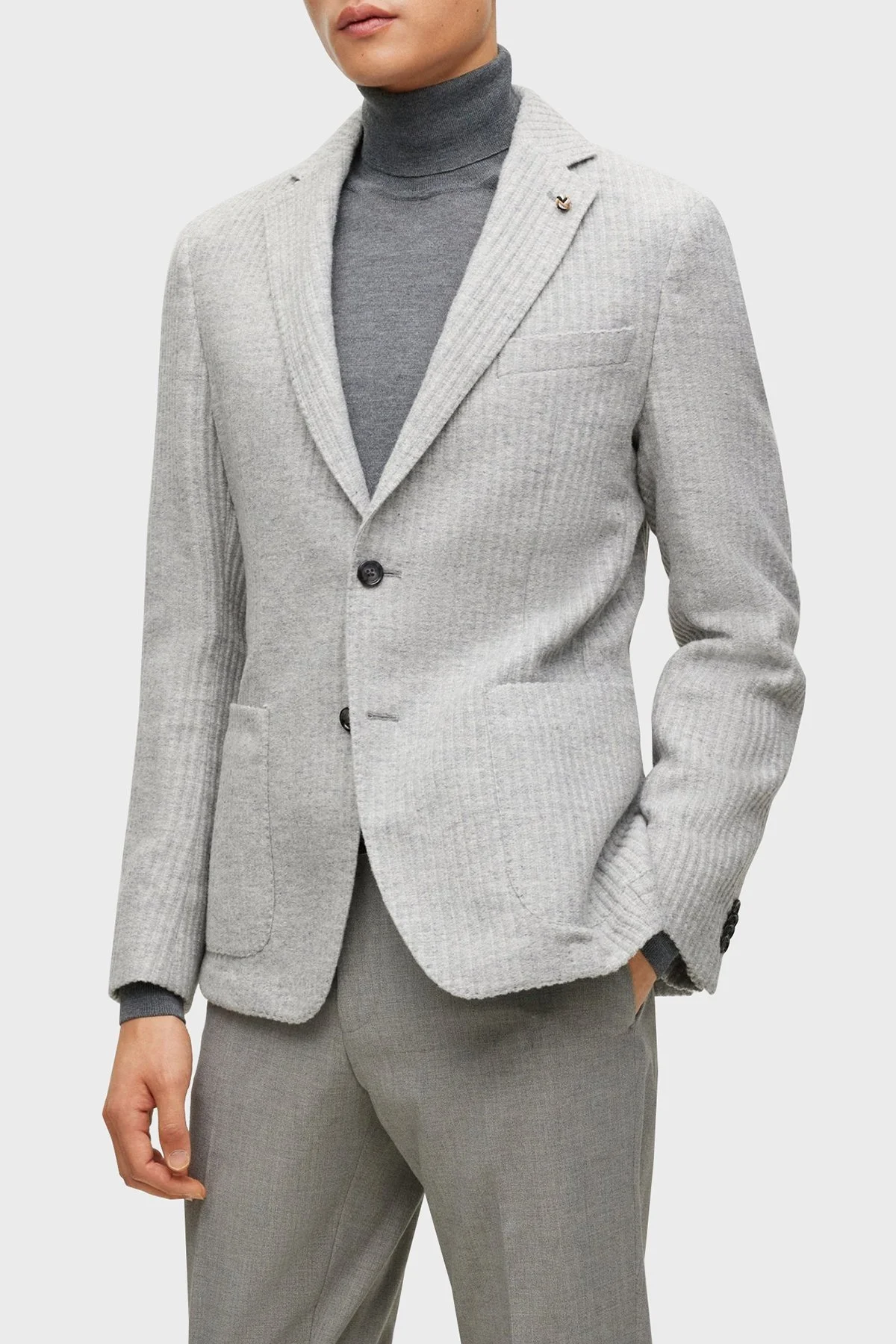 Boss Çizgili Yün Karışımlı Slim Fit Erkek Ceket 50502677 041 GRİ - 1