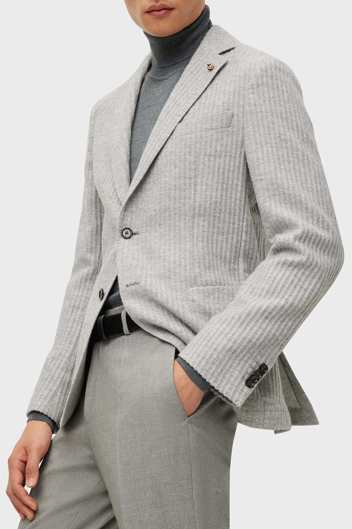 Boss Çizgili Yün Karışımlı Slim Fit Erkek Ceket 50502677 041 GRİ - 5