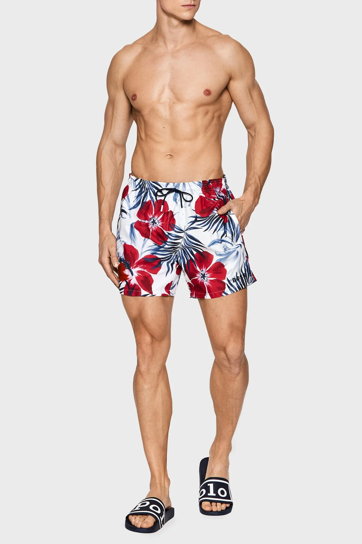 Boss Deniz Şort Desenli Belden Bağlamalı Erkek Mayo Short 50469321 162 MAVİ-BEYAZ - 1