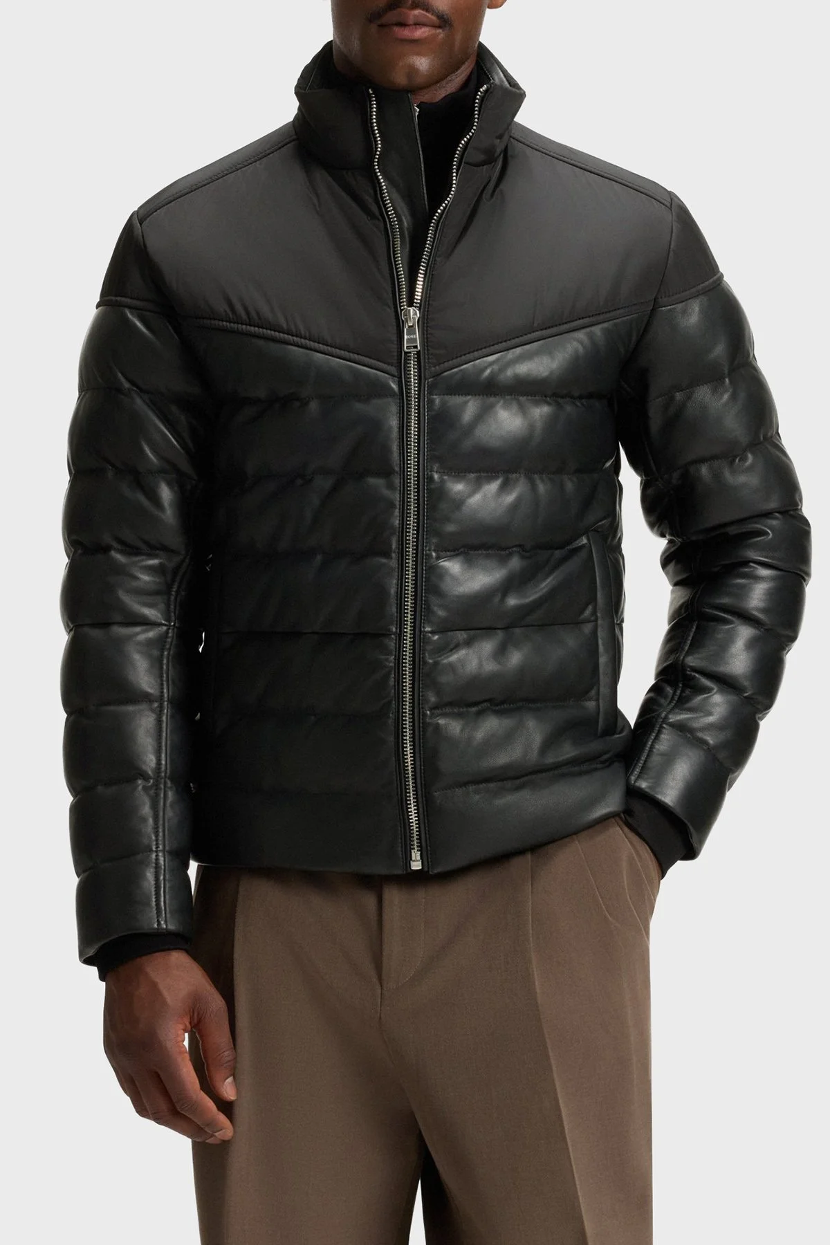 Boss Deri Regular Fit Dik Yaka Kapitoneli Şişme Erkek Mont 50547672 001 SİYAH - 1