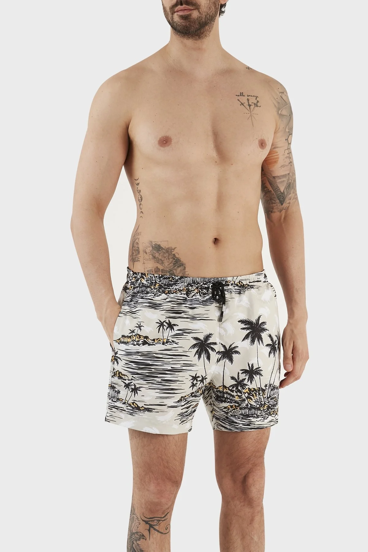 Boss Desenli Deniz Şortu Çabuk Kuruyan Erkek Mayo Short 50469489 100 BEYAZ - 1