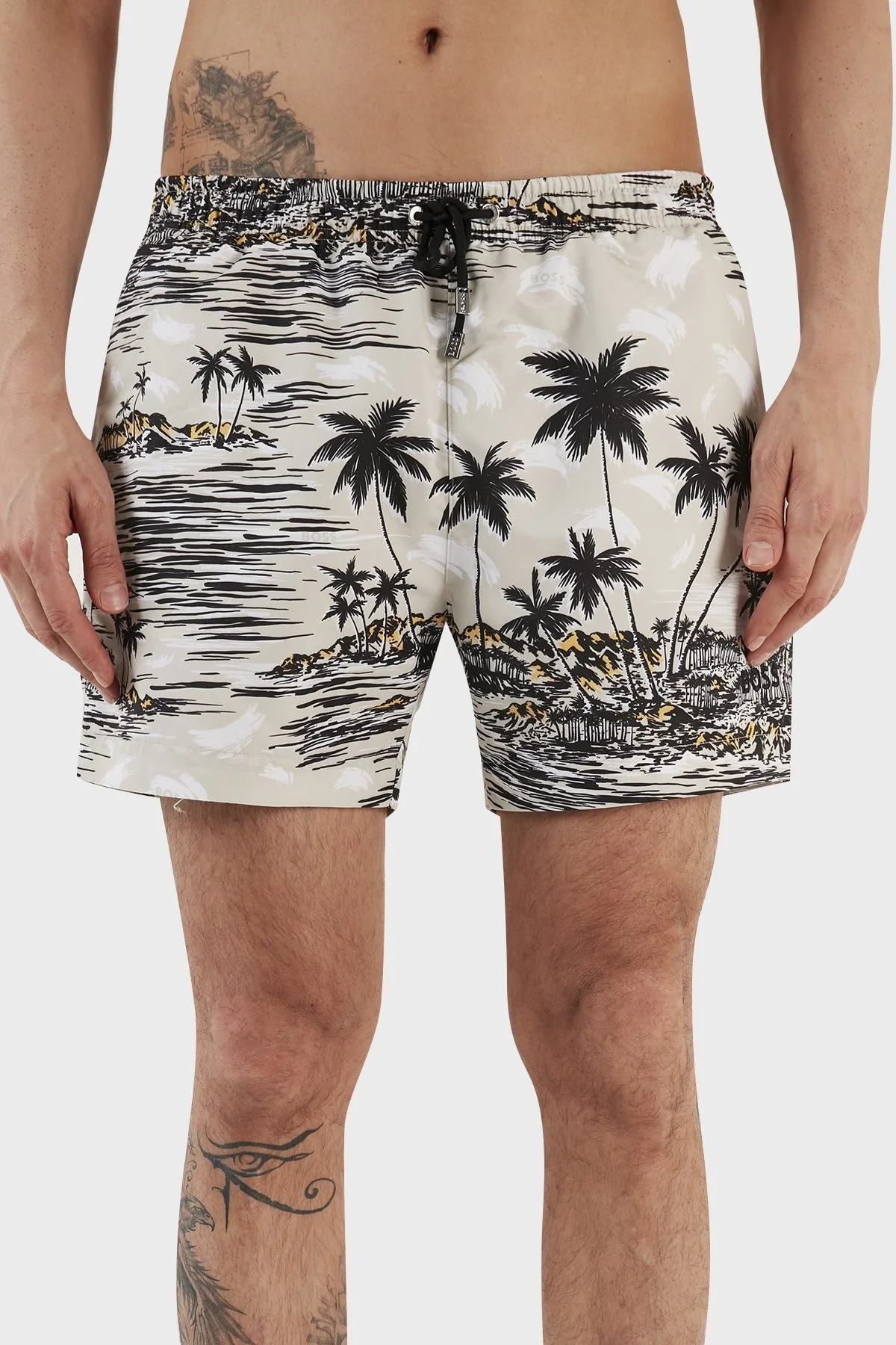 Boss Desenli Deniz Şortu Çabuk Kuruyan Erkek Mayo Short 50469489 100 BEYAZ - 2