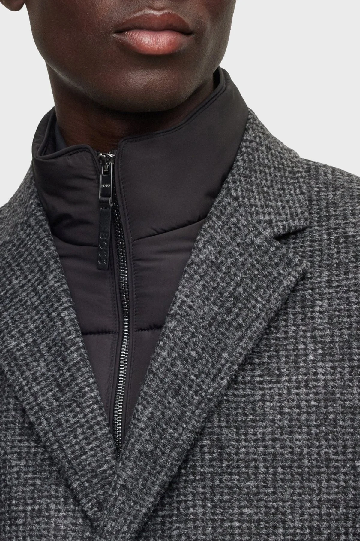 Boss Desenli Fermuarlı İç Yelekli Yün Karışımlı Slim Fit Erkek Kaban 50502319 001 SİYAH - 2