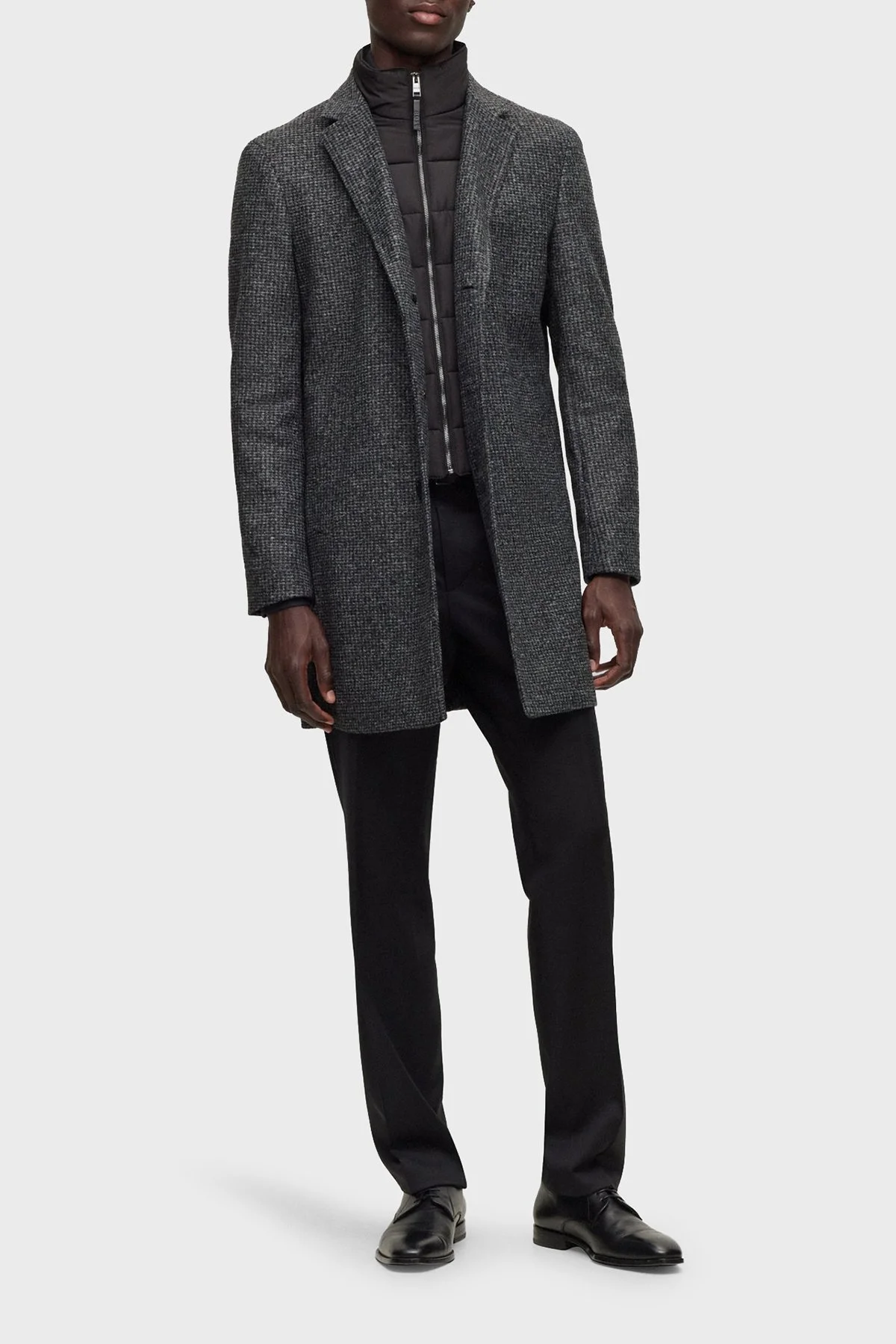 Boss Desenli Fermuarlı İç Yelekli Yün Karışımlı Slim Fit Erkek Kaban 50502319 001 SİYAH - 3